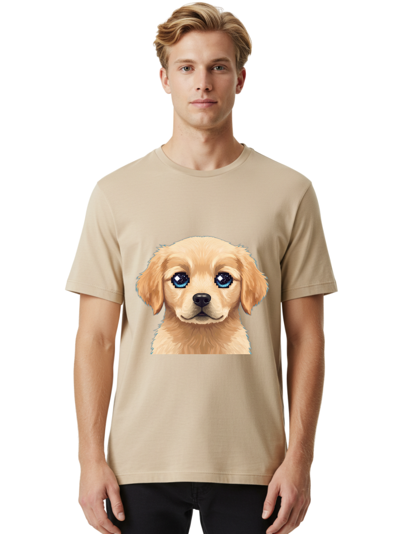 Golden-Retriever-Puppy-4 Men'S Graphic Tee, 100% Cotton, Comfortable Casual Summer Wear, Machine Washable, Golden Retriever Puppy, Cute Cartoon Dog, Big Blue Eyes, Galaxy Eyes, Sparkly Eyes, Fluffy Fur, Adorable Face, Sweet Puppy, Digital Art Bab991