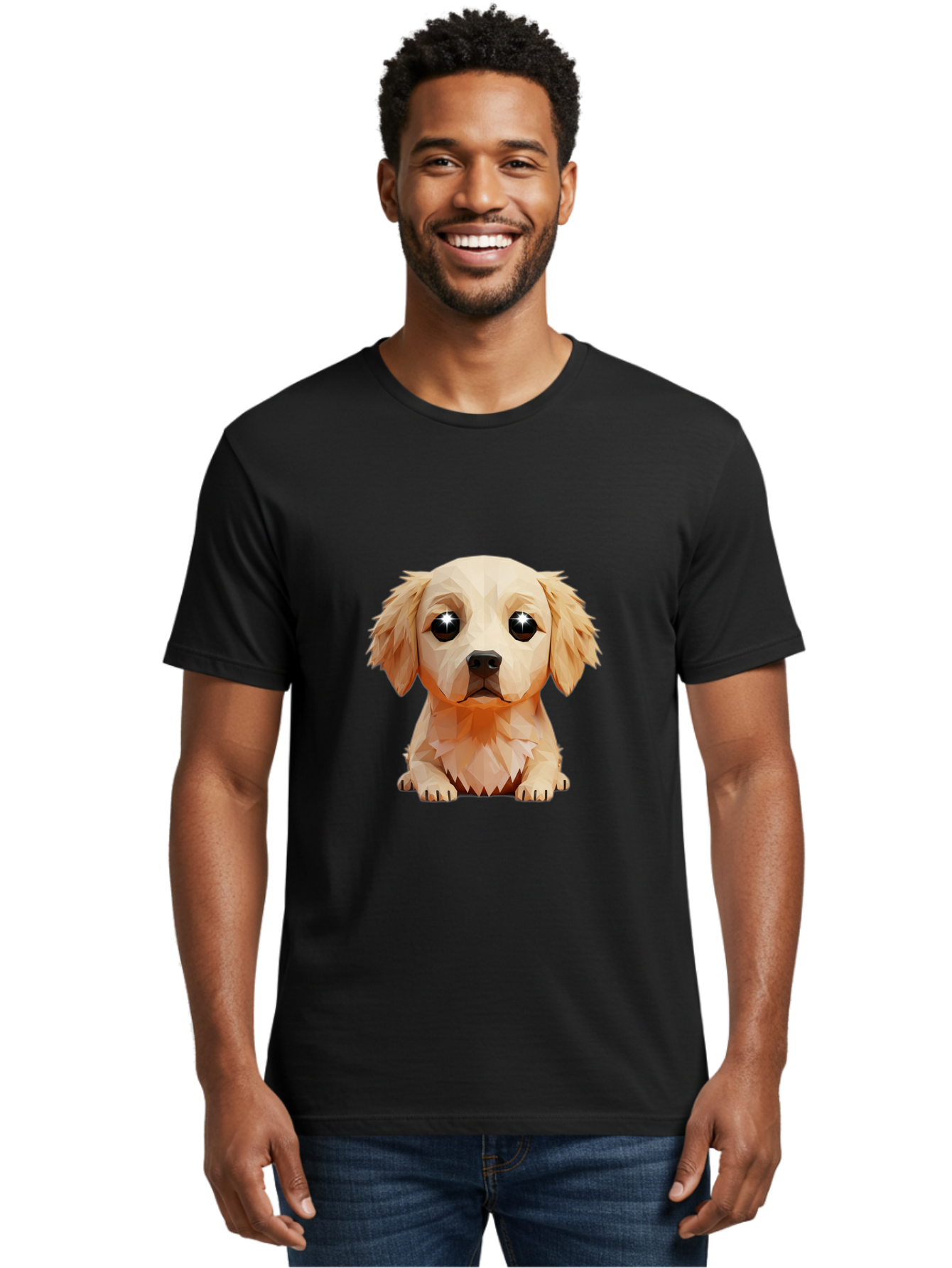 Golden-Retriever-Puppy-5 Men'S Graphic Tee, 100% Cotton, Comfortable Casual Summer Wear, Machine Washable, Low-Poly Puppy Art, Puppy With Shiny Eyes, 3D Geometric Dog, Cute Puppy, Adorable Puppy Graphics, Puppy Illustration, Modern Art, Bab992