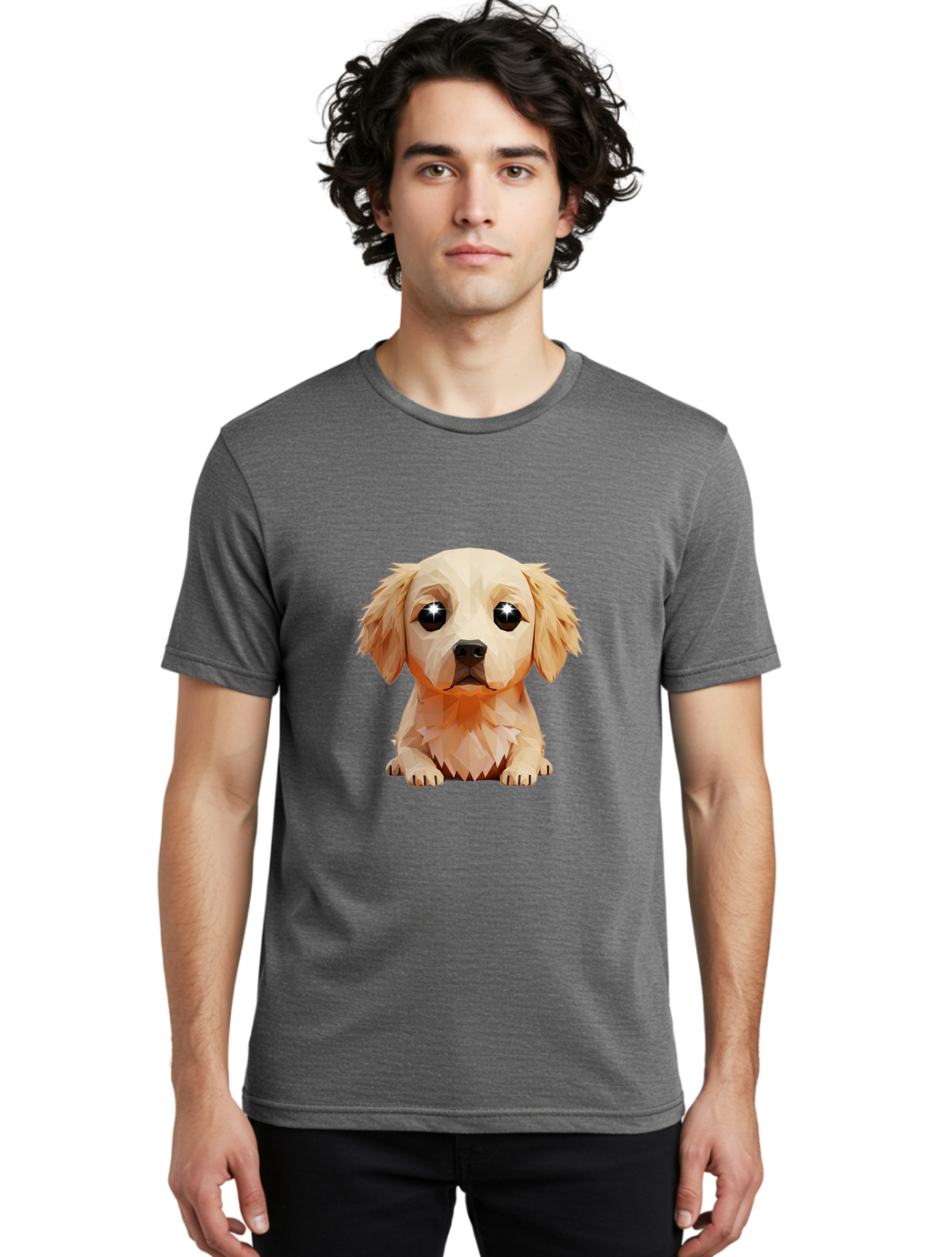 Golden-Retriever-Puppy-5 Men'S Graphic Tee, 100% Cotton, Comfortable Casual Summer Wear, Machine Washable, Low-Poly Puppy Art, Puppy With Shiny Eyes, 3D Geometric Dog, Cute Puppy, Adorable Puppy Graphics, Puppy Illustration, Modern Art, Bab992