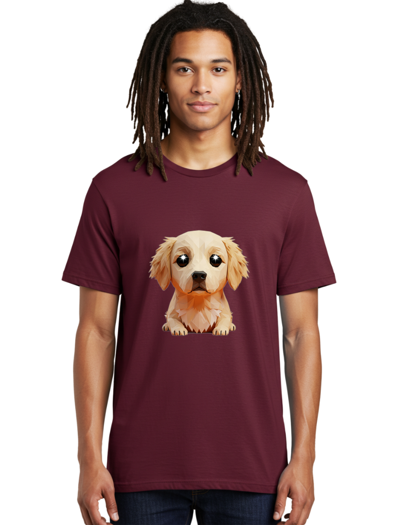 Golden-Retriever-Puppy-5 Men'S Graphic Tee, 100% Cotton, Comfortable Casual Summer Wear, Machine Washable, Low-Poly Puppy Art, Puppy With Shiny Eyes, 3D Geometric Dog, Cute Puppy, Adorable Puppy Graphics, Puppy Illustration, Modern Art, Bab992