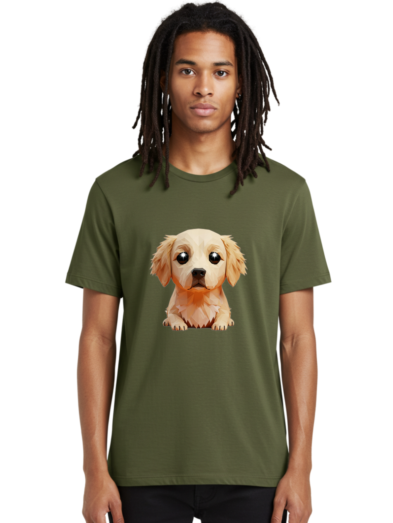 Golden-Retriever-Puppy-5 Men'S Graphic Tee, 100% Cotton, Comfortable Casual Summer Wear, Machine Washable, Low-Poly Puppy Art, Puppy With Shiny Eyes, 3D Geometric Dog, Cute Puppy, Adorable Puppy Graphics, Puppy Illustration, Modern Art, Bab992