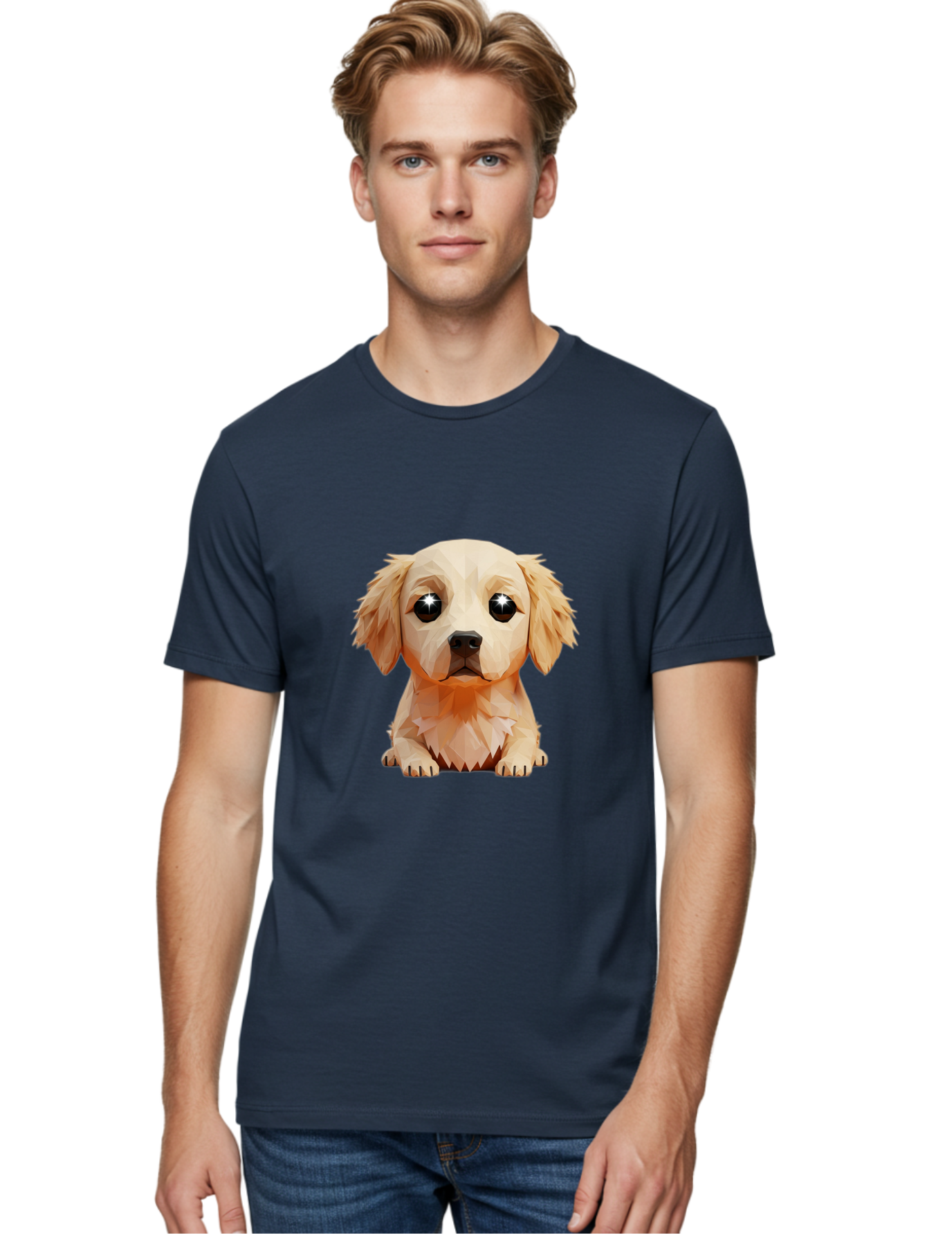 Golden-Retriever-Puppy-5 Men'S Graphic Tee, 100% Cotton, Comfortable Casual Summer Wear, Machine Washable, Low-Poly Puppy Art, Puppy With Shiny Eyes, 3D Geometric Dog, Cute Puppy, Adorable Puppy Graphics, Puppy Illustration, Modern Art, Bab992