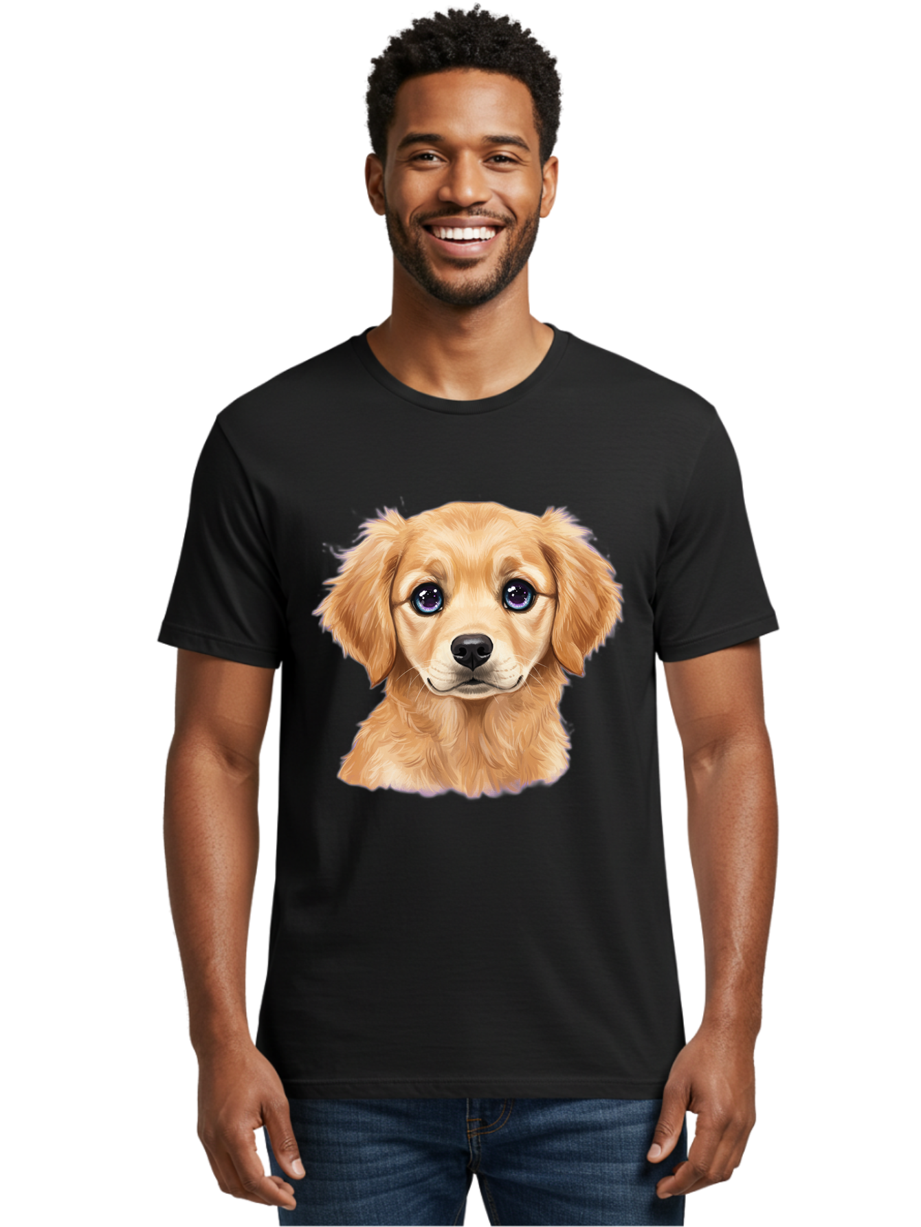 Golden-Retriever-Puppy-6 Men'S Graphic Tee, 100% Cotton, Comfortable Casual Summer Wear, Machine Washable, Golden Puppy, Cute Dog, Puppy Face, Blue Eyes, Fluffy Fur, Adorable Animal, Cartoon Style, Digital Art, Sweet Expression, Friendly Pet Bab993