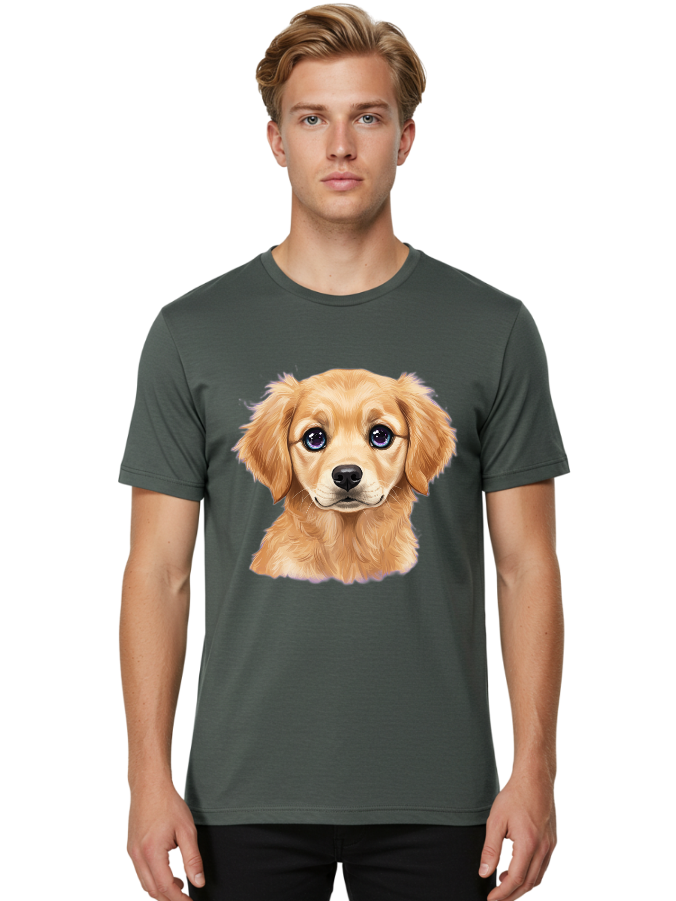 Golden-Retriever-Puppy-6 Men'S Graphic Tee, 100% Cotton, Comfortable Casual Summer Wear, Machine Washable, Golden Puppy, Cute Dog, Puppy Face, Blue Eyes, Fluffy Fur, Adorable Animal, Cartoon Style, Digital Art, Sweet Expression, Friendly Pet Bab993