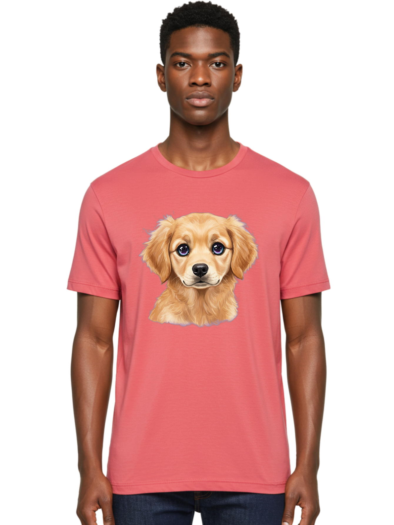 Golden-Retriever-Puppy-6 Men'S Graphic Tee, 100% Cotton, Comfortable Casual Summer Wear, Machine Washable, Golden Puppy, Cute Dog, Puppy Face, Blue Eyes, Fluffy Fur, Adorable Animal, Cartoon Style, Digital Art, Sweet Expression, Friendly Pet Bab993