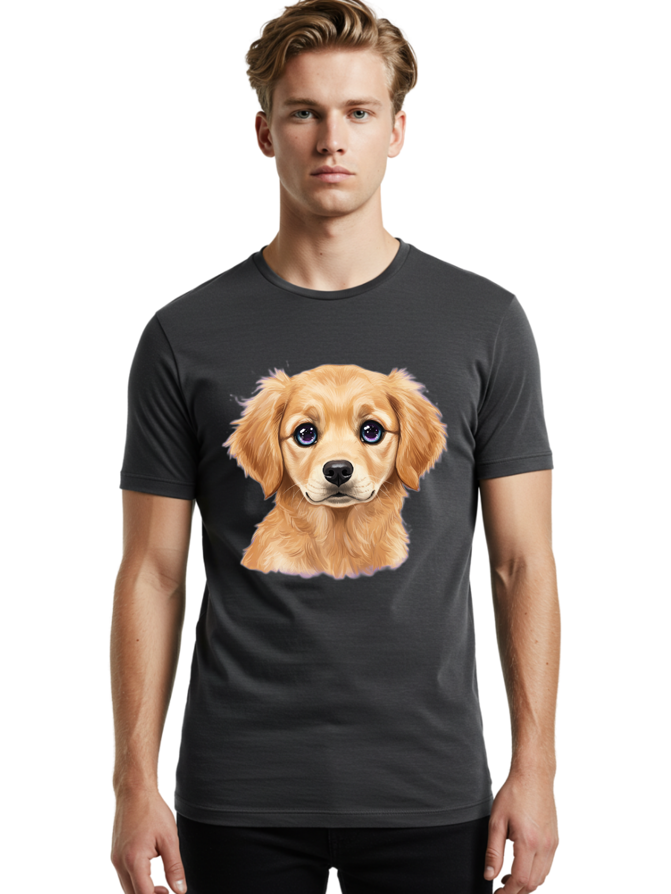 Golden-Retriever-Puppy-6 Men'S Graphic Tee, 100% Cotton, Comfortable Casual Summer Wear, Machine Washable, Golden Puppy, Cute Dog, Puppy Face, Blue Eyes, Fluffy Fur, Adorable Animal, Cartoon Style, Digital Art, Sweet Expression, Friendly Pet Bab993
