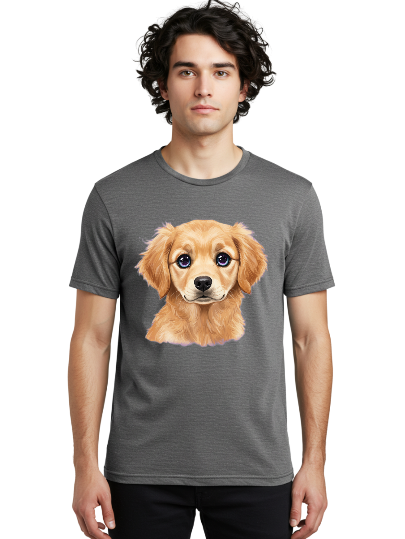 Golden-Retriever-Puppy-6 Men'S Graphic Tee, 100% Cotton, Comfortable Casual Summer Wear, Machine Washable, Golden Puppy, Cute Dog, Puppy Face, Blue Eyes, Fluffy Fur, Adorable Animal, Cartoon Style, Digital Art, Sweet Expression, Friendly Pet Bab993