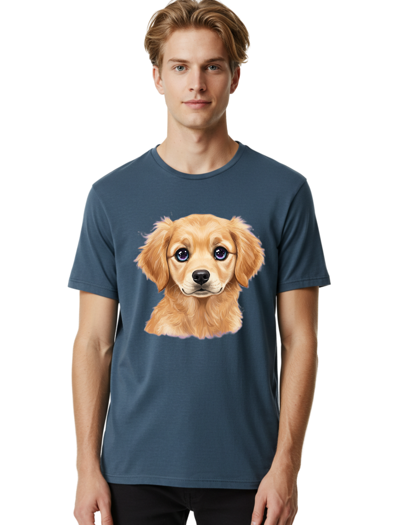 Golden-Retriever-Puppy-6 Men'S Graphic Tee, 100% Cotton, Comfortable Casual Summer Wear, Machine Washable, Golden Puppy, Cute Dog, Puppy Face, Blue Eyes, Fluffy Fur, Adorable Animal, Cartoon Style, Digital Art, Sweet Expression, Friendly Pet Bab993