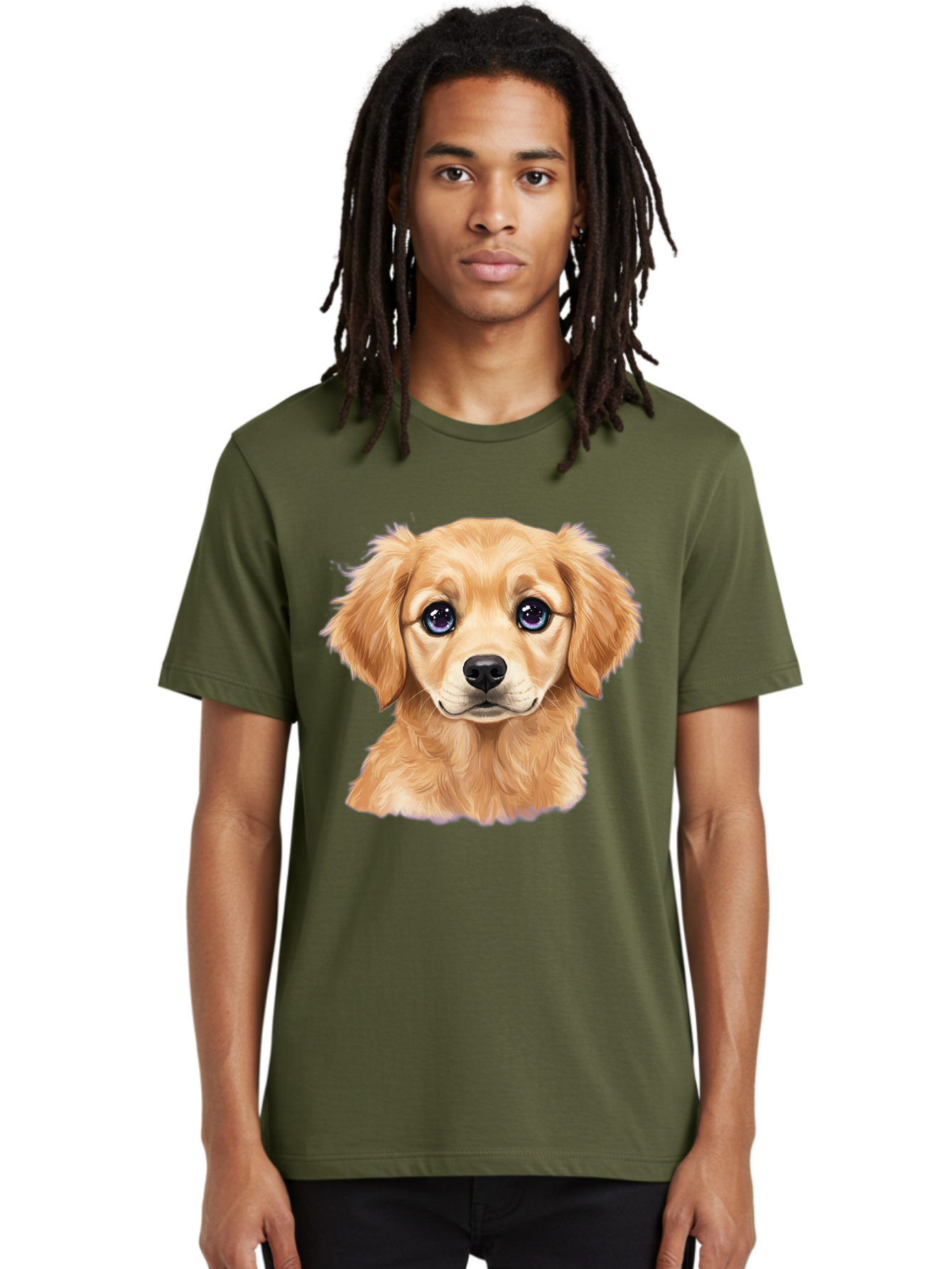 Golden-Retriever-Puppy-6 Men'S Graphic Tee, 100% Cotton, Comfortable Casual Summer Wear, Machine Washable, Golden Puppy, Cute Dog, Puppy Face, Blue Eyes, Fluffy Fur, Adorable Animal, Cartoon Style, Digital Art, Sweet Expression, Friendly Pet Bab993