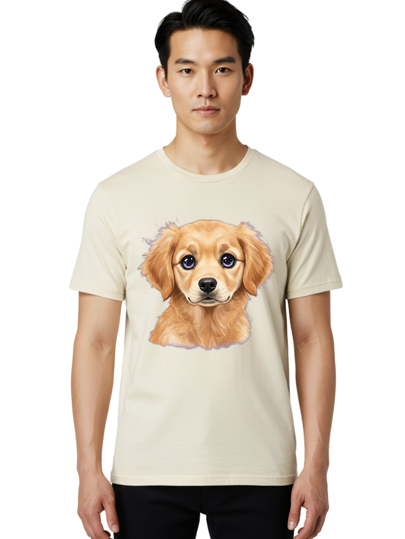 Golden-Retriever-Puppy-6 Men'S Graphic Tee, 100% Cotton, Comfortable Casual Summer Wear, Machine Washable, Golden Puppy, Cute Dog, Puppy Face, Blue Eyes, Fluffy Fur, Adorable Animal, Cartoon Style, Digital Art, Sweet Expression, Friendly Pet Bab993