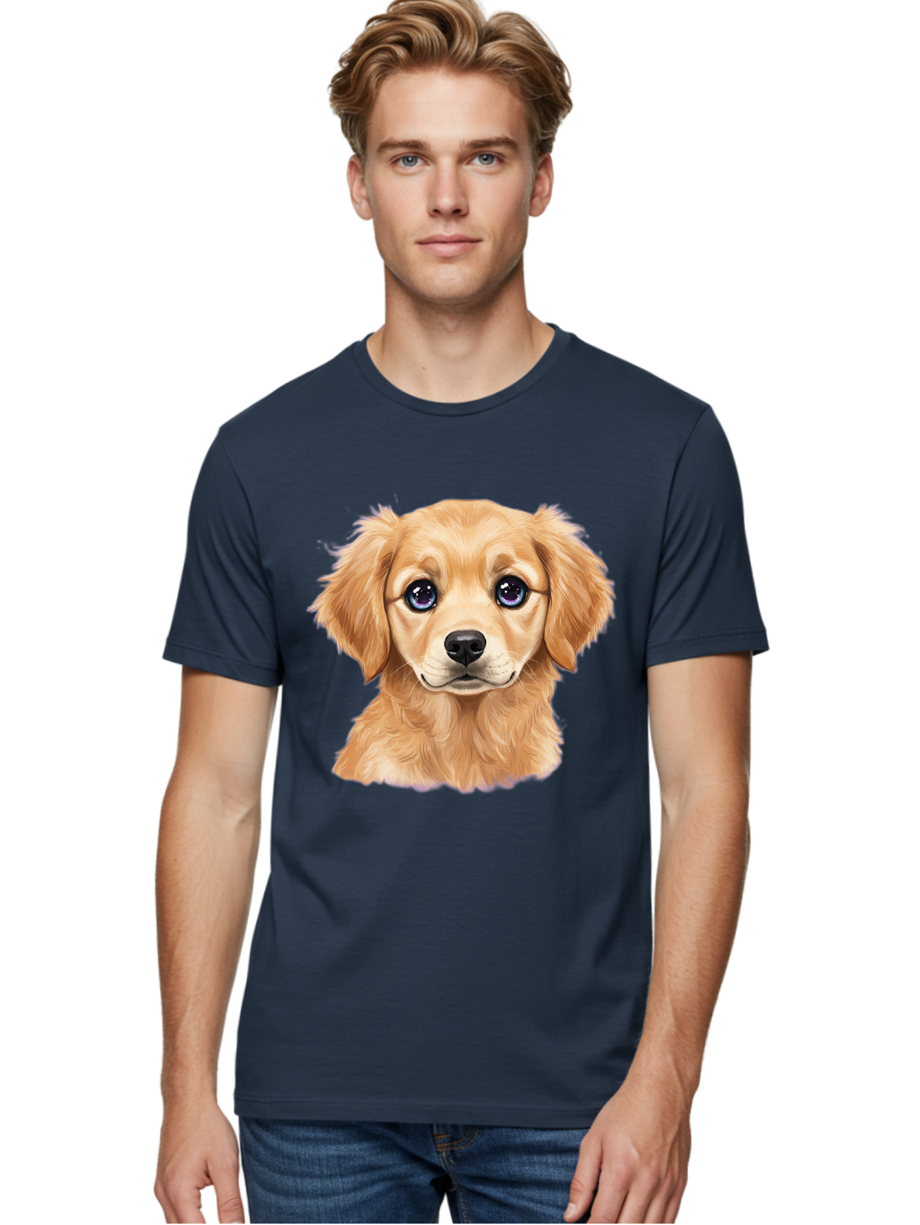 Golden-Retriever-Puppy-6 Men'S Graphic Tee, 100% Cotton, Comfortable Casual Summer Wear, Machine Washable, Golden Puppy, Cute Dog, Puppy Face, Blue Eyes, Fluffy Fur, Adorable Animal, Cartoon Style, Digital Art, Sweet Expression, Friendly Pet Bab993