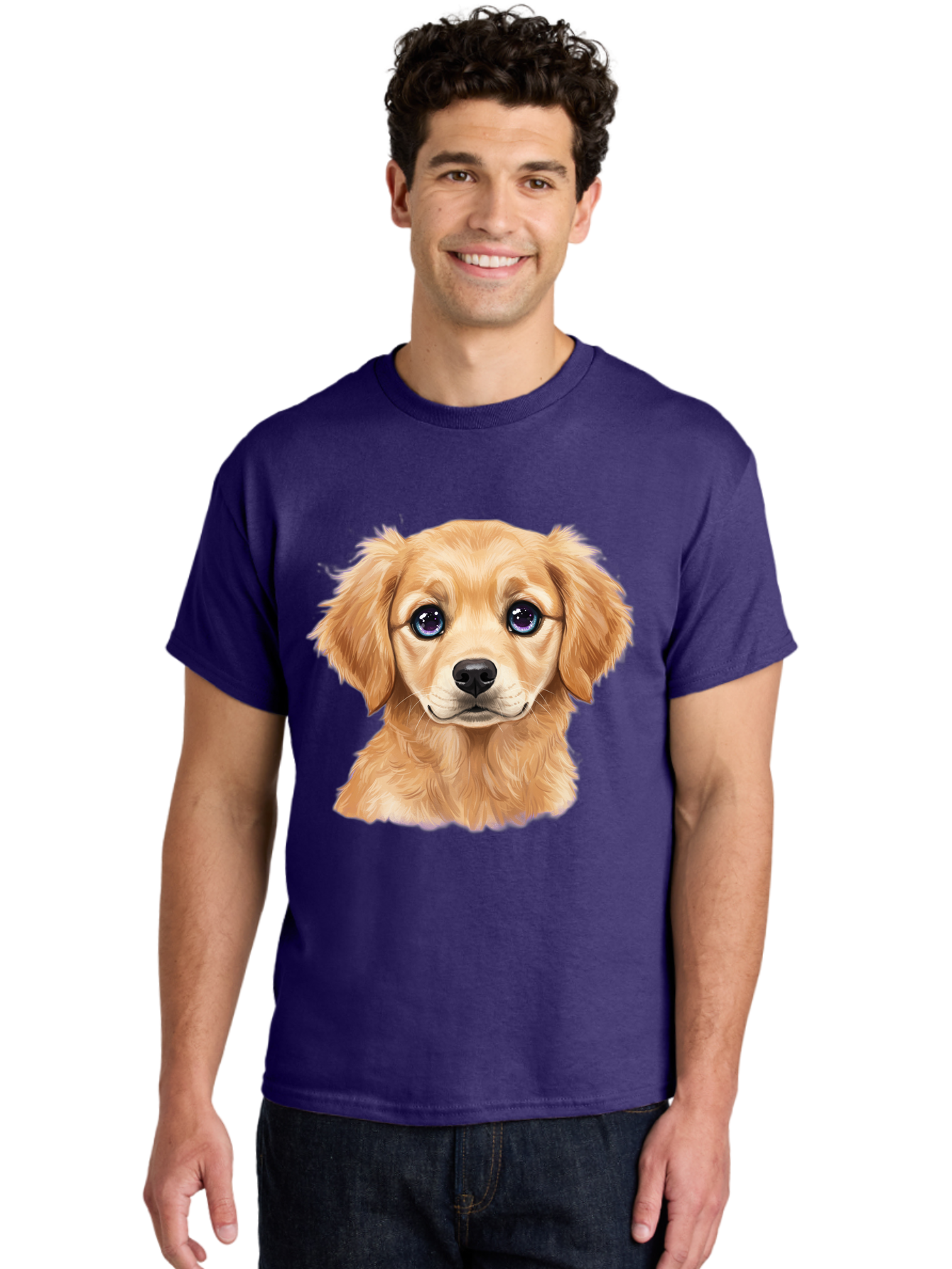Golden-Retriever-Puppy-6 Men'S Graphic Tee, 100% Cotton, Comfortable Casual Summer Wear, Machine Washable, Golden Puppy, Cute Dog, Puppy Face, Blue Eyes, Fluffy Fur, Adorable Animal, Cartoon Style, Digital Art, Sweet Expression, Friendly Pet Bab993