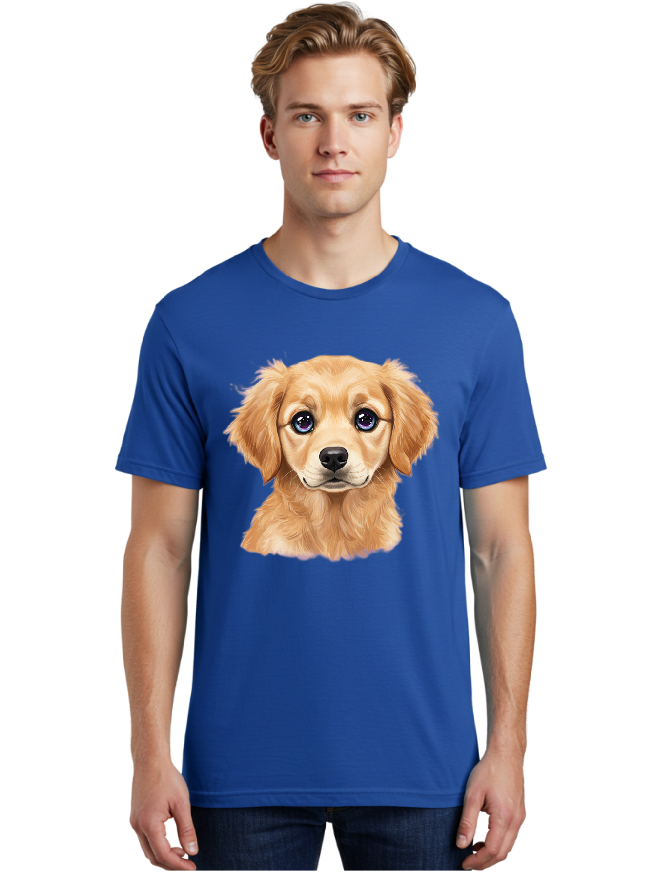 Golden-Retriever-Puppy-6 Men'S Graphic Tee, 100% Cotton, Comfortable Casual Summer Wear, Machine Washable, Golden Puppy, Cute Dog, Puppy Face, Blue Eyes, Fluffy Fur, Adorable Animal, Cartoon Style, Digital Art, Sweet Expression, Friendly Pet Bab993