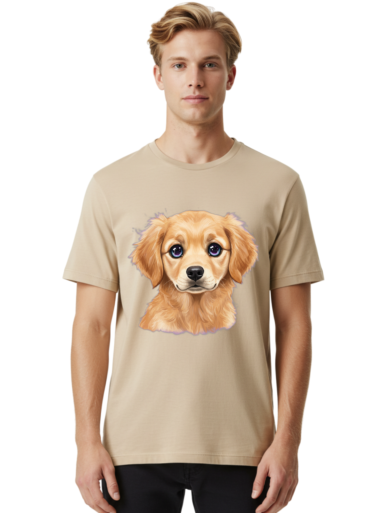 Golden-Retriever-Puppy-6 Men'S Graphic Tee, 100% Cotton, Comfortable Casual Summer Wear, Machine Washable, Golden Puppy, Cute Dog, Puppy Face, Blue Eyes, Fluffy Fur, Adorable Animal, Cartoon Style, Digital Art, Sweet Expression, Friendly Pet Bab993