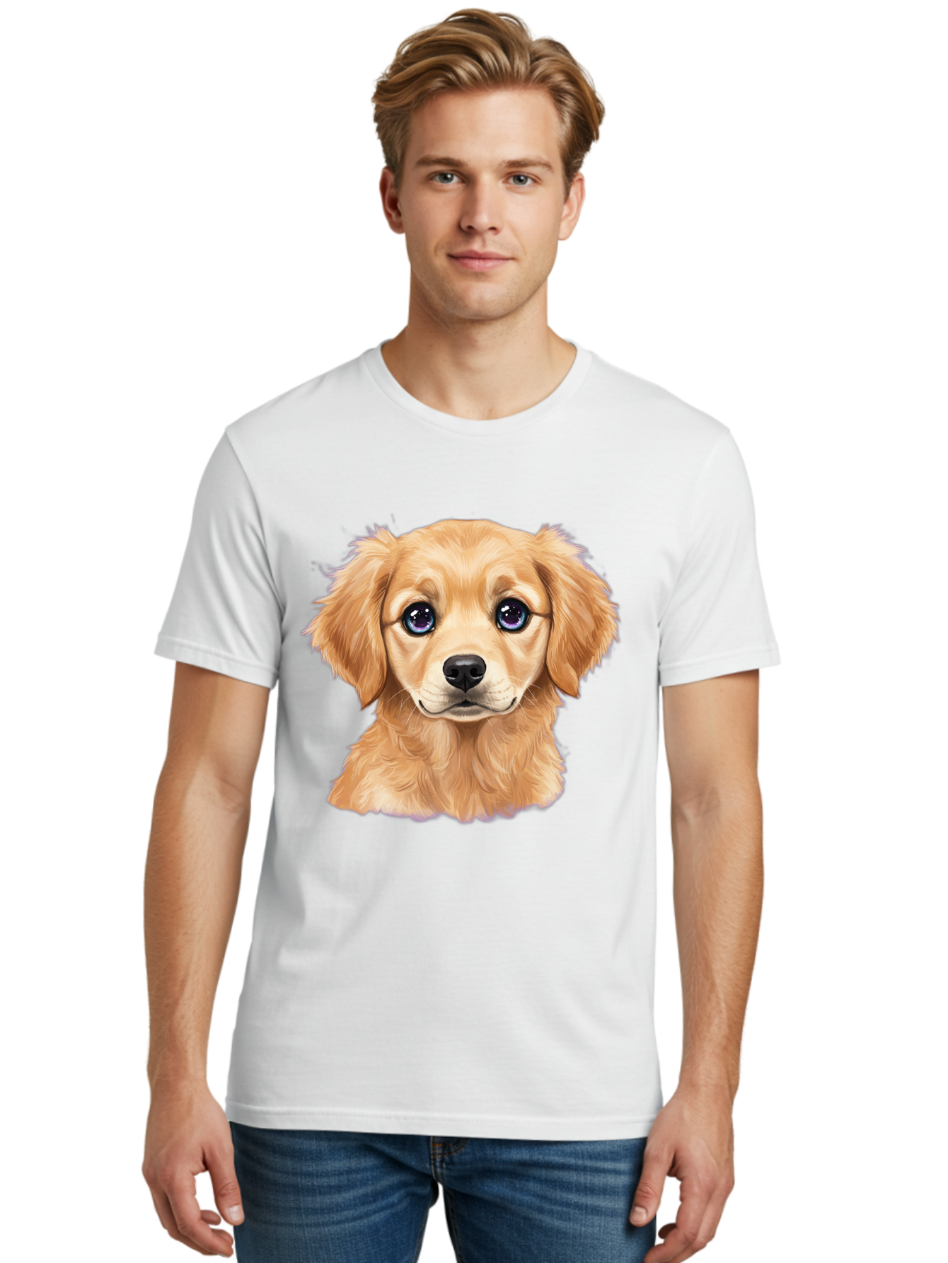 Golden-Retriever-Puppy-6 Men'S Graphic Tee, 100% Cotton, Comfortable Casual Summer Wear, Machine Washable, Golden Puppy, Cute Dog, Puppy Face, Blue Eyes, Fluffy Fur, Adorable Animal, Cartoon Style, Digital Art, Sweet Expression, Friendly Pet Bab993