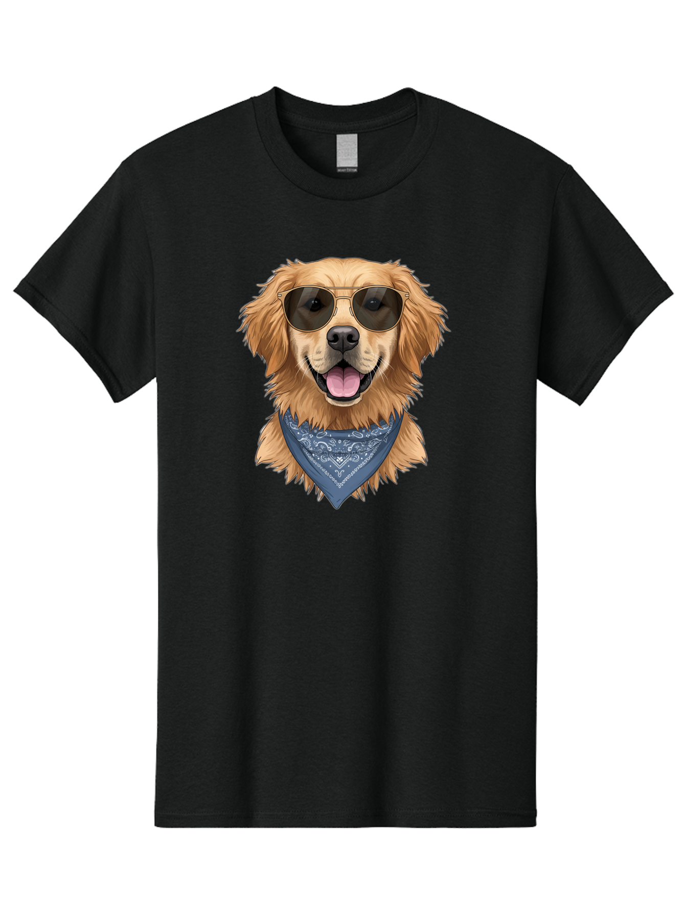 Golden-Retriever-Sunglasses-1 Men'S Graphic Tee, 100% Cotton, Comfortable Casual Summer Wear, Machine Washable, Golden Retriever Wearing Sunglasses, Dog With Shades, Bandana Around Neck, Funny Animal Portrait, Cool Dog Design, Bab995