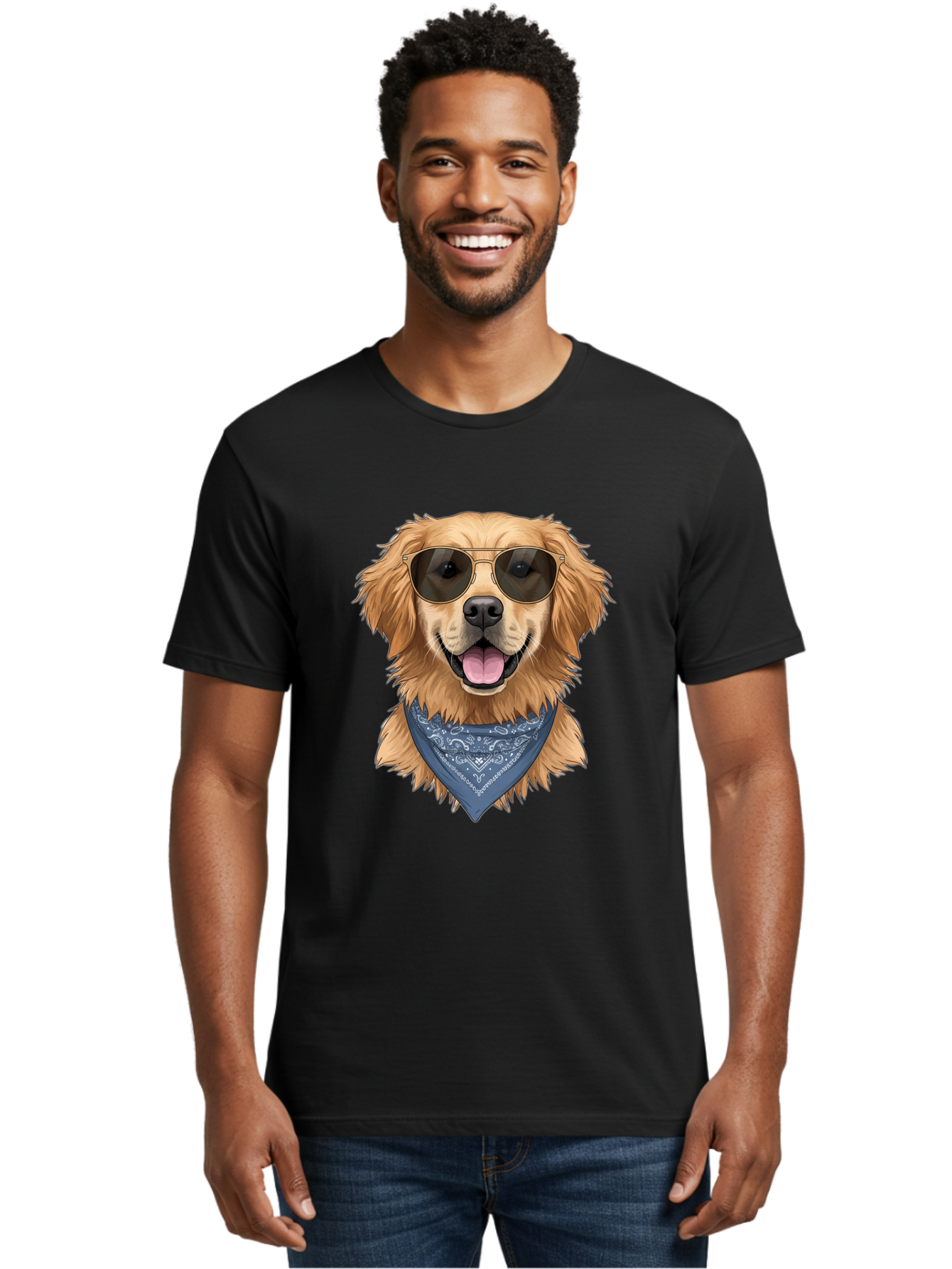 Golden-Retriever-Sunglasses-1 Men'S Graphic Tee, 100% Cotton, Comfortable Casual Summer Wear, Machine Washable, Golden Retriever Wearing Sunglasses, Dog With Shades, Bandana Around Neck, Funny Animal Portrait, Cool Dog Design, Bab995