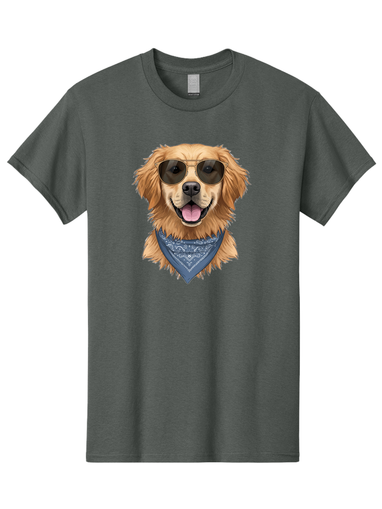 Golden-Retriever-Sunglasses-1 Men'S Graphic Tee, 100% Cotton, Comfortable Casual Summer Wear, Machine Washable, Golden Retriever Wearing Sunglasses, Dog With Shades, Bandana Around Neck, Funny Animal Portrait, Cool Dog Design, Bab995
