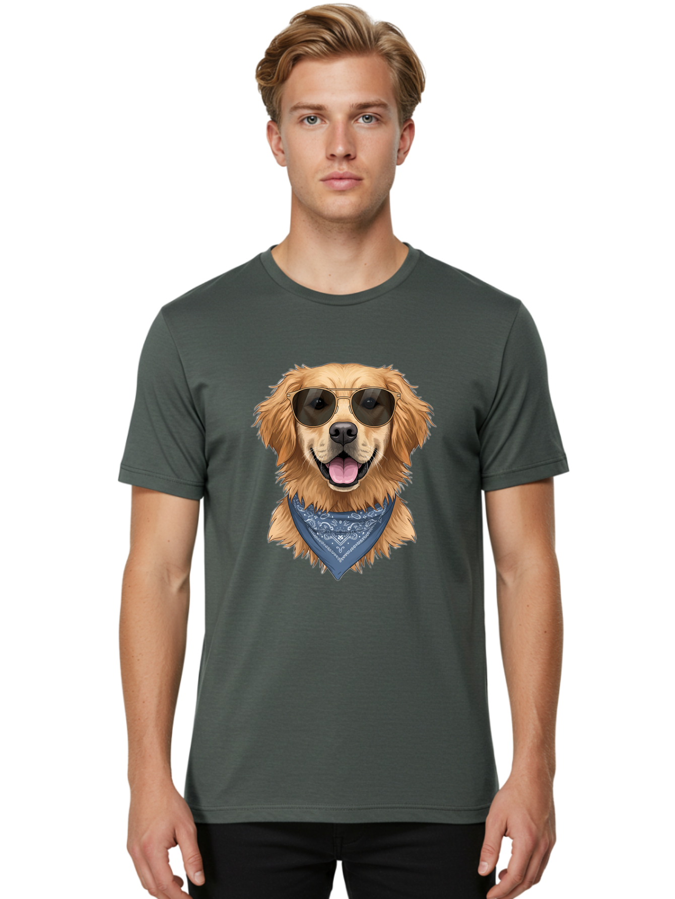 Golden-Retriever-Sunglasses-1 Men'S Graphic Tee, 100% Cotton, Comfortable Casual Summer Wear, Machine Washable, Golden Retriever Wearing Sunglasses, Dog With Shades, Bandana Around Neck, Funny Animal Portrait, Cool Dog Design, Bab995