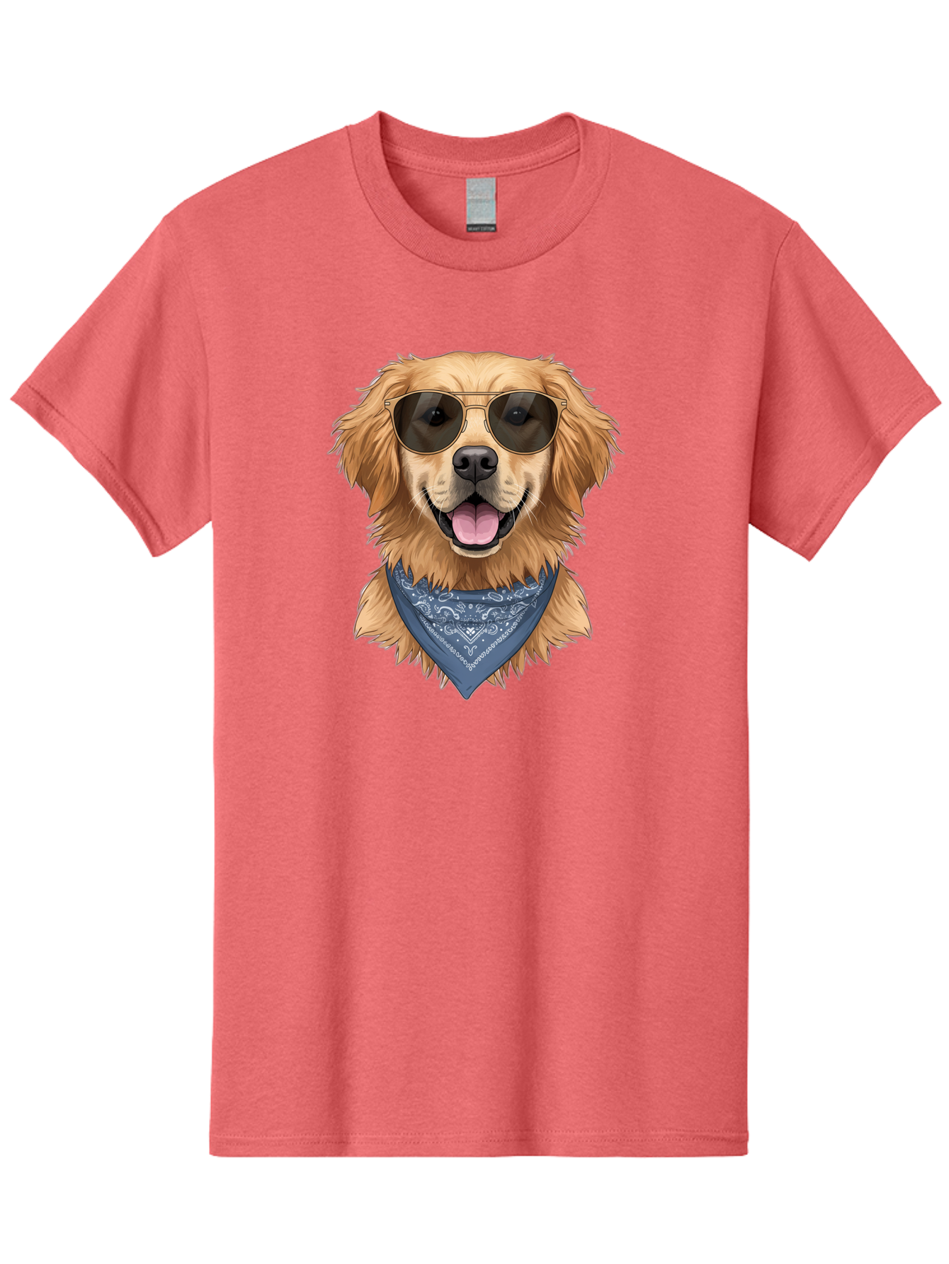Golden-Retriever-Sunglasses-1 Men'S Graphic Tee, 100% Cotton, Comfortable Casual Summer Wear, Machine Washable, Golden Retriever Wearing Sunglasses, Dog With Shades, Bandana Around Neck, Funny Animal Portrait, Cool Dog Design, Bab995