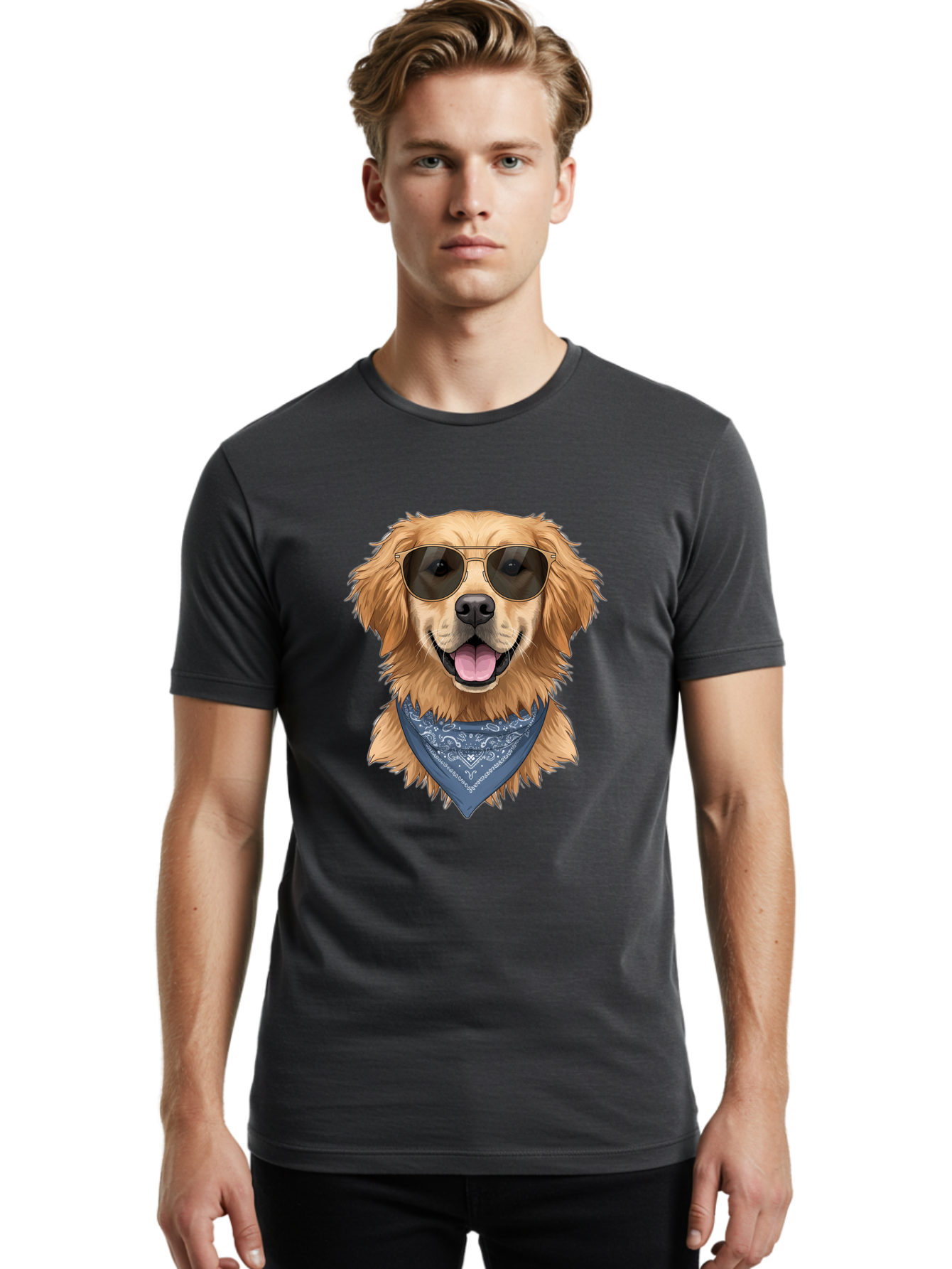 Golden-Retriever-Sunglasses-1 Men'S Graphic Tee, 100% Cotton, Comfortable Casual Summer Wear, Machine Washable, Golden Retriever Wearing Sunglasses, Dog With Shades, Bandana Around Neck, Funny Animal Portrait, Cool Dog Design, Bab995