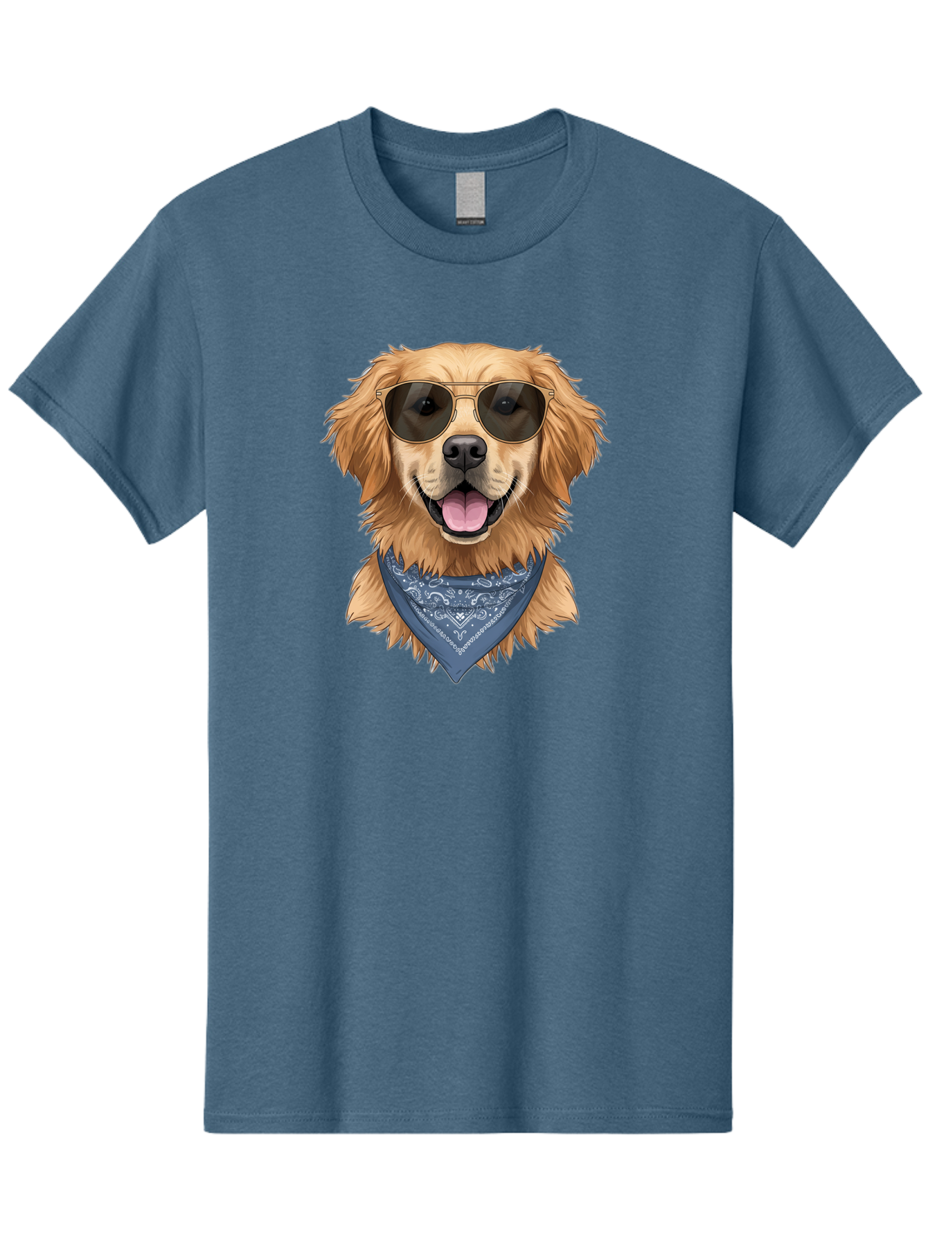 Golden-Retriever-Sunglasses-1 Men'S Graphic Tee, 100% Cotton, Comfortable Casual Summer Wear, Machine Washable, Golden Retriever Wearing Sunglasses, Dog With Shades, Bandana Around Neck, Funny Animal Portrait, Cool Dog Design, Bab995