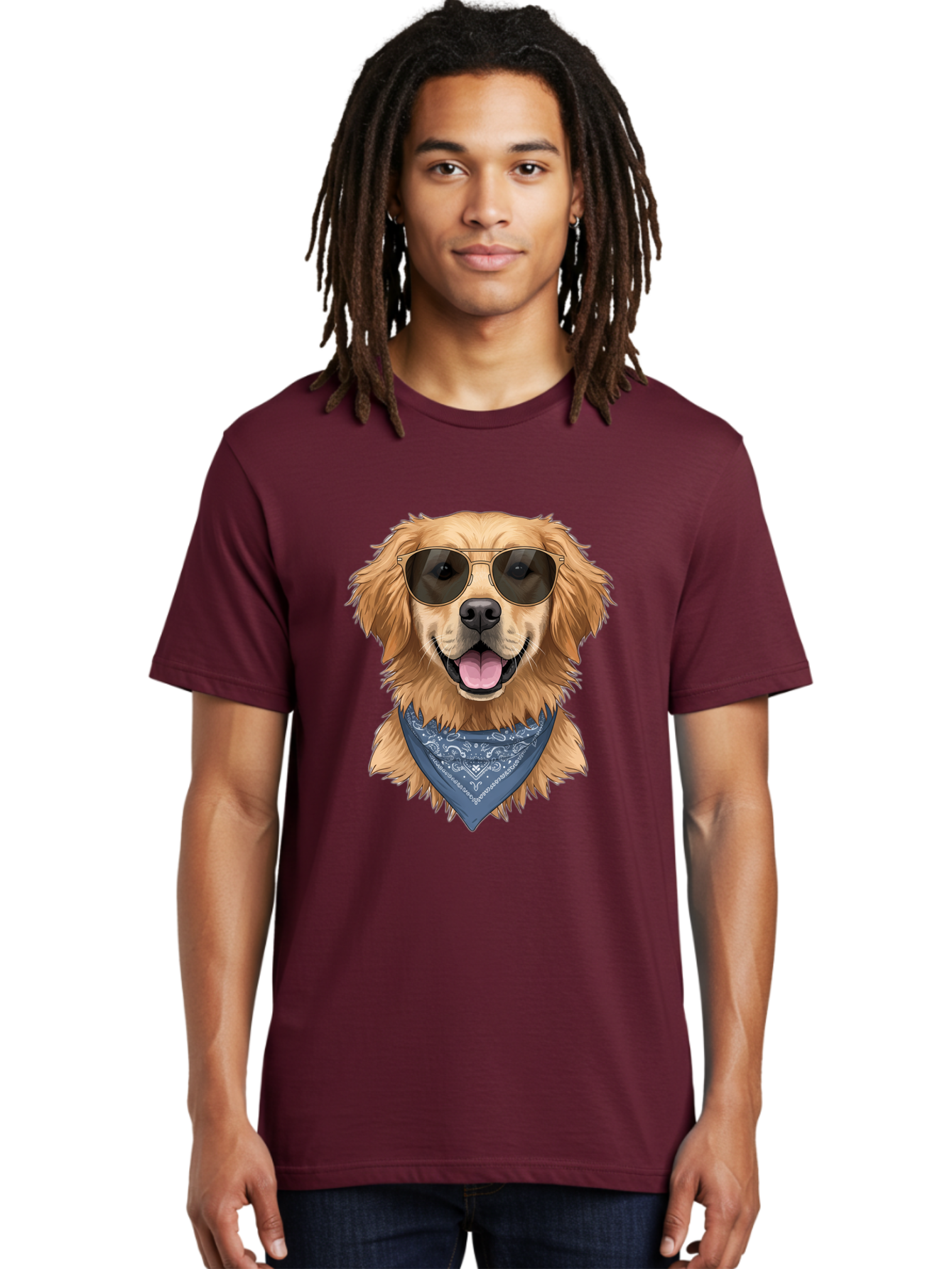 Golden-Retriever-Sunglasses-1 Men'S Graphic Tee, 100% Cotton, Comfortable Casual Summer Wear, Machine Washable, Golden Retriever Wearing Sunglasses, Dog With Shades, Bandana Around Neck, Funny Animal Portrait, Cool Dog Design, Bab995