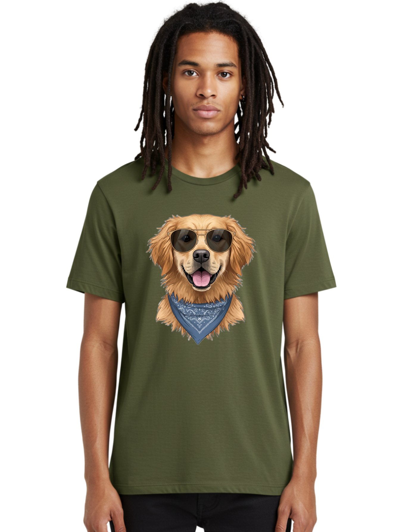 Golden-Retriever-Sunglasses-1 Men'S Graphic Tee, 100% Cotton, Comfortable Casual Summer Wear, Machine Washable, Golden Retriever Wearing Sunglasses, Dog With Shades, Bandana Around Neck, Funny Animal Portrait, Cool Dog Design, Bab995