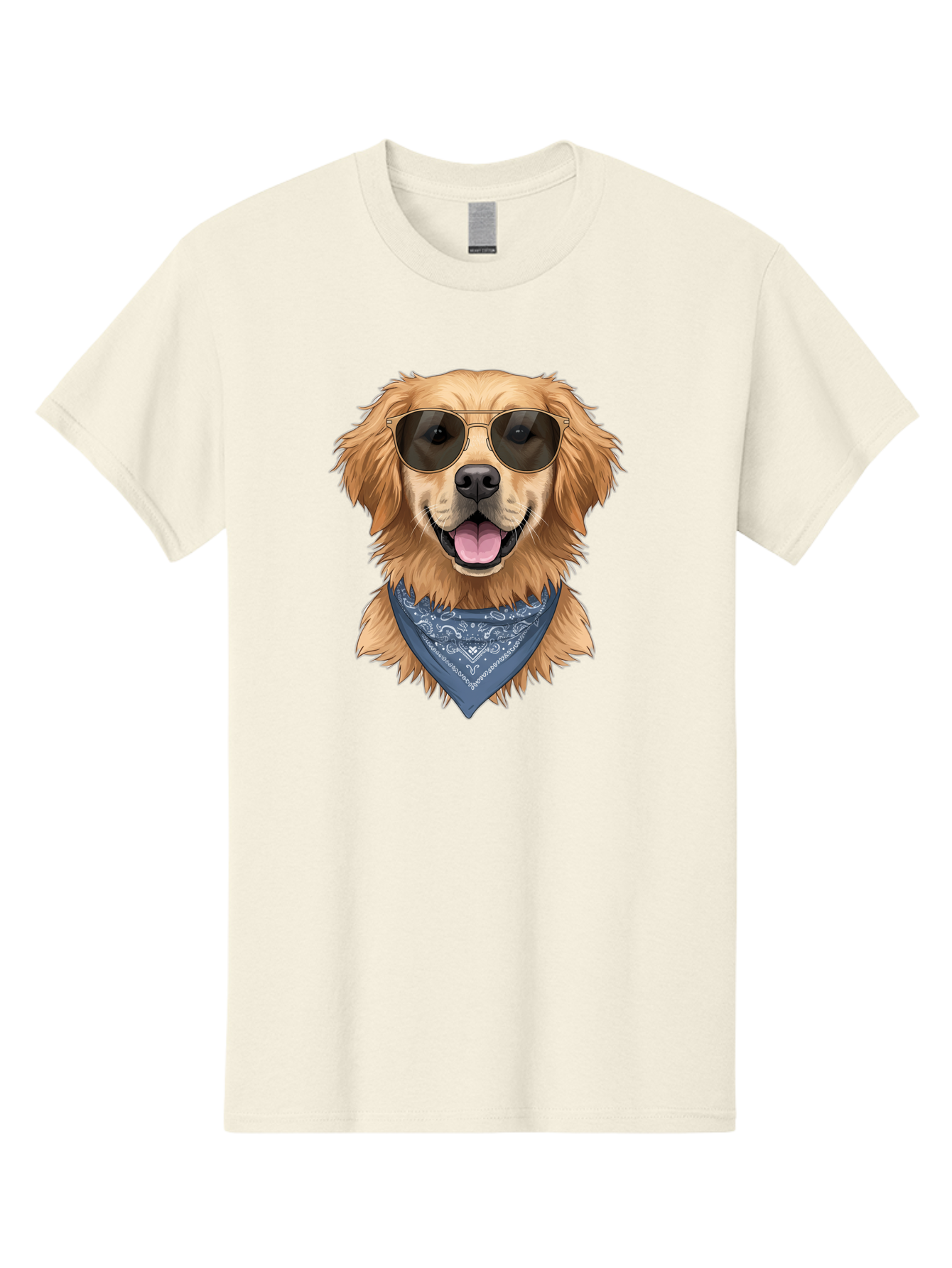Golden-Retriever-Sunglasses-1 Men'S Graphic Tee, 100% Cotton, Comfortable Casual Summer Wear, Machine Washable, Golden Retriever Wearing Sunglasses, Dog With Shades, Bandana Around Neck, Funny Animal Portrait, Cool Dog Design, Bab995