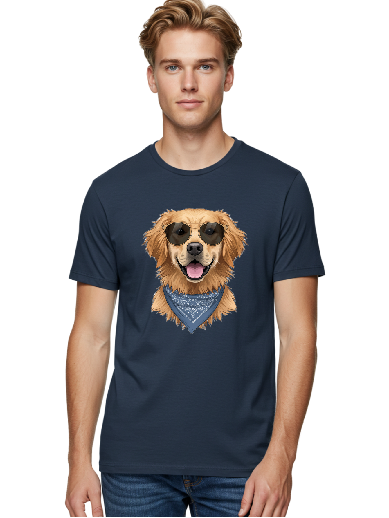 Golden-Retriever-Sunglasses-1 Men'S Graphic Tee, 100% Cotton, Comfortable Casual Summer Wear, Machine Washable, Golden Retriever Wearing Sunglasses, Dog With Shades, Bandana Around Neck, Funny Animal Portrait, Cool Dog Design, Bab995