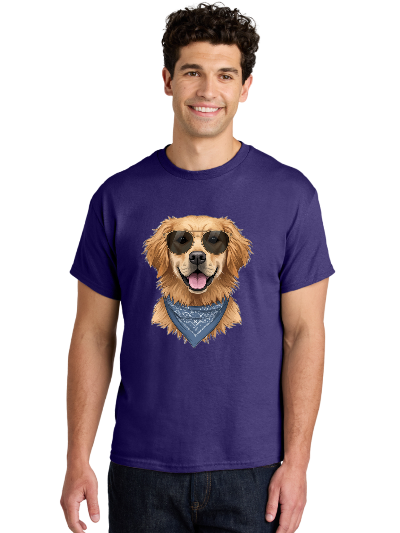 Golden-Retriever-Sunglasses-1 Men'S Graphic Tee, 100% Cotton, Comfortable Casual Summer Wear, Machine Washable, Golden Retriever Wearing Sunglasses, Dog With Shades, Bandana Around Neck, Funny Animal Portrait, Cool Dog Design, Bab995