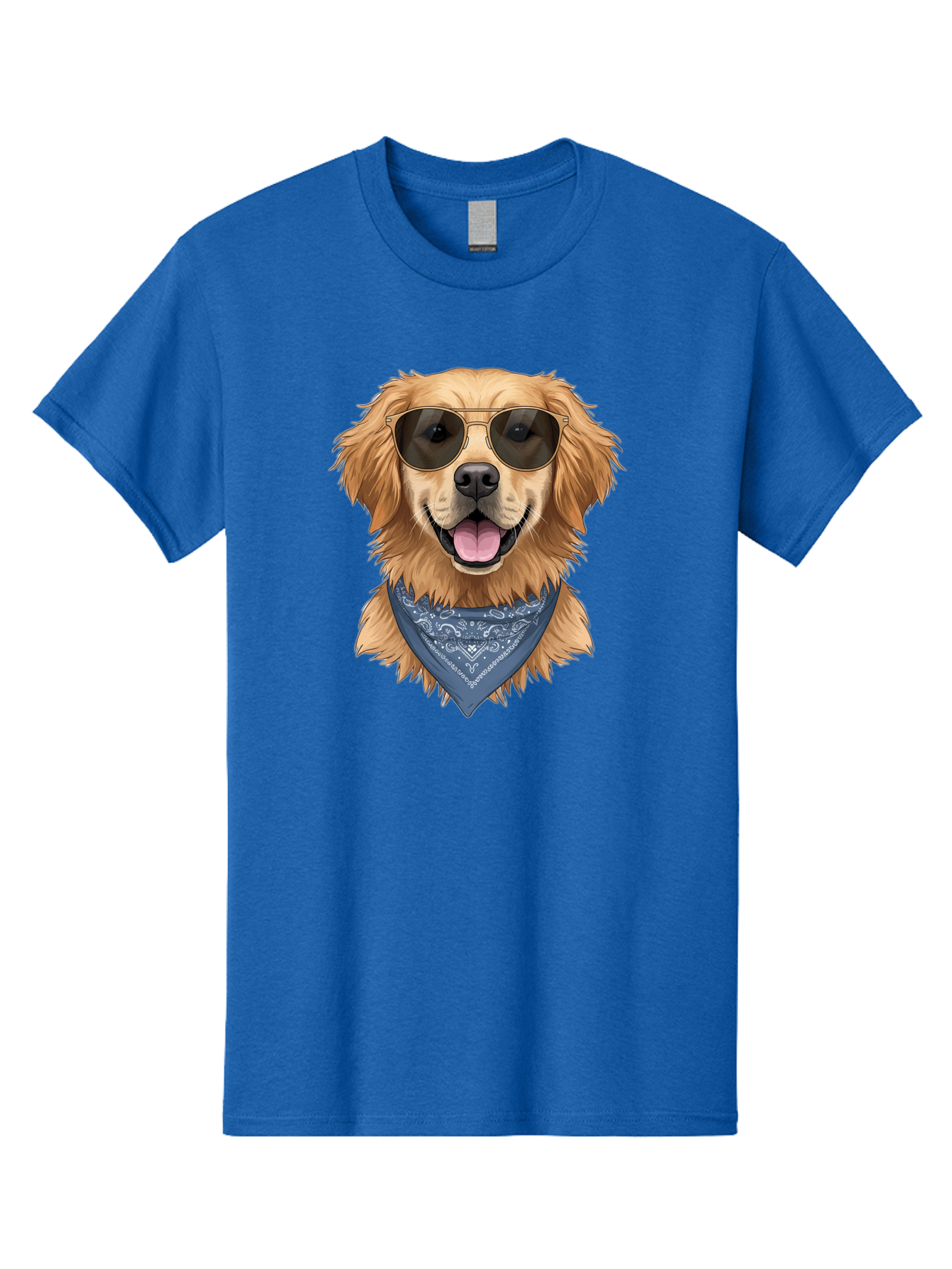 Golden-Retriever-Sunglasses-1 Men'S Graphic Tee, 100% Cotton, Comfortable Casual Summer Wear, Machine Washable, Golden Retriever Wearing Sunglasses, Dog With Shades, Bandana Around Neck, Funny Animal Portrait, Cool Dog Design, Bab995