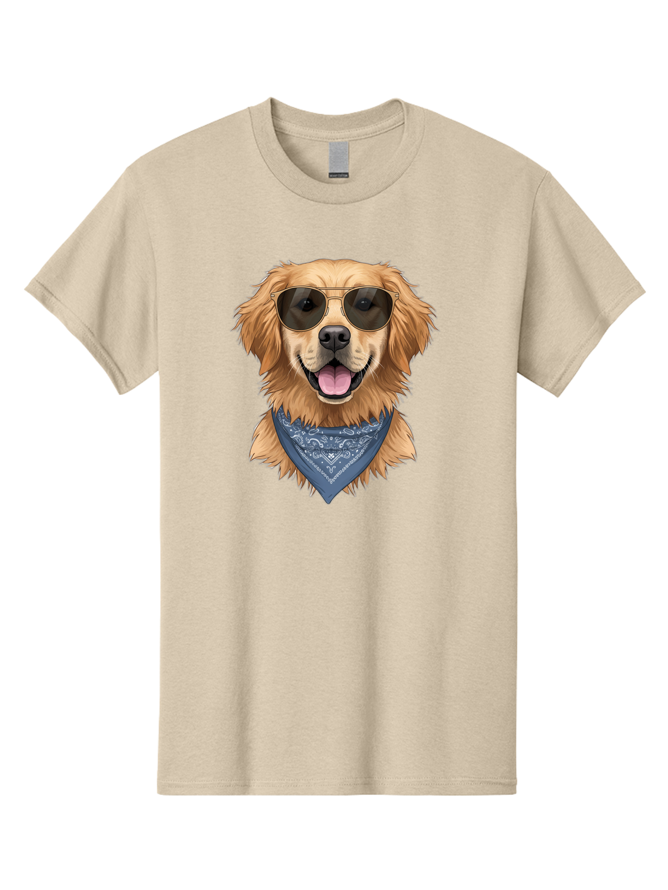 Golden-Retriever-Sunglasses-1 Men'S Graphic Tee, 100% Cotton, Comfortable Casual Summer Wear, Machine Washable, Golden Retriever Wearing Sunglasses, Dog With Shades, Bandana Around Neck, Funny Animal Portrait, Cool Dog Design, Bab995