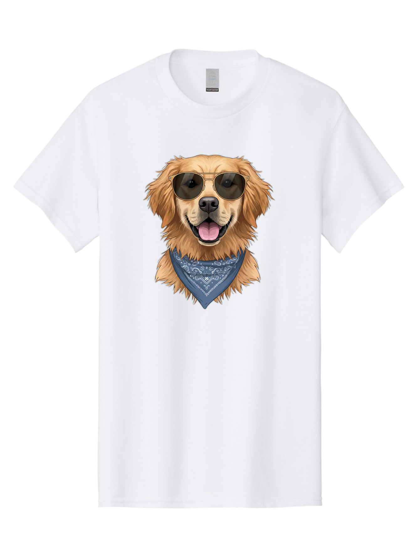 Golden-Retriever-Sunglasses-1 Men'S Graphic Tee, 100% Cotton, Comfortable Casual Summer Wear, Machine Washable, Golden Retriever Wearing Sunglasses, Dog With Shades, Bandana Around Neck, Funny Animal Portrait, Cool Dog Design, Bab995