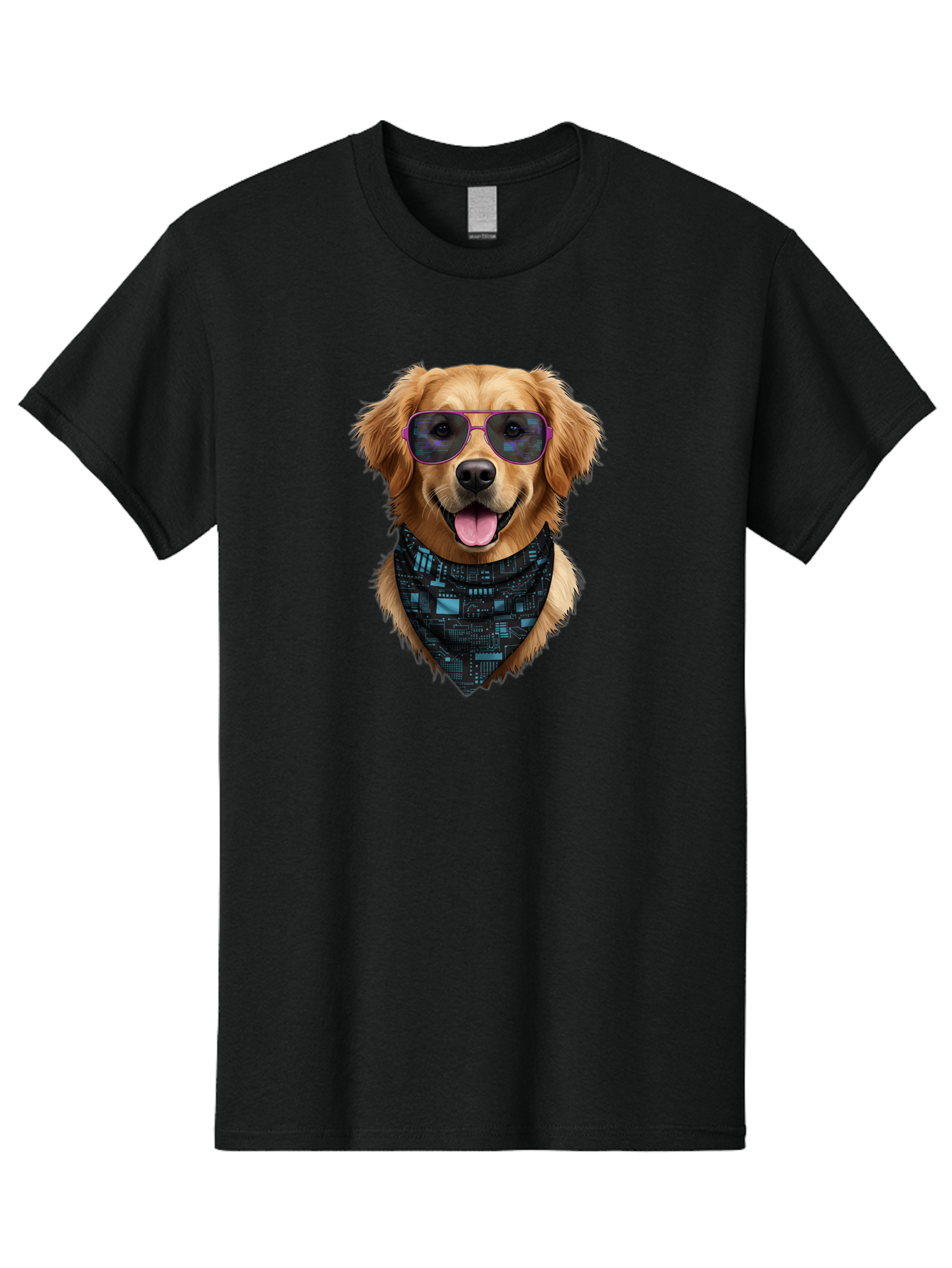 Golden-Retriever-Sunglasses Men'S Graphic Tee, 100% Cotton, Comfortable Casual Summer Wear, Machine Washable, Golden Retriever Dog, Trendy Sunglasses, Tech-Inspired Bandana, Streetwear Style, Cool Canine, Futuristic Fashion, Bab996