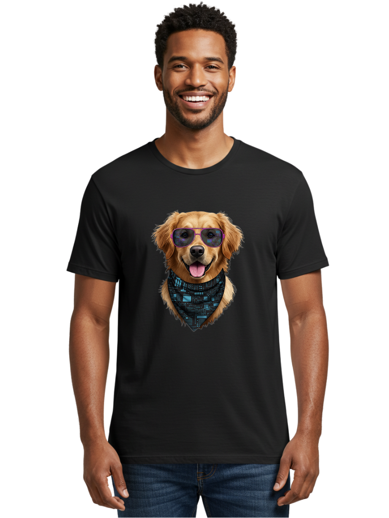 Golden-Retriever-Sunglasses Men'S Graphic Tee, 100% Cotton, Comfortable Casual Summer Wear, Machine Washable, Golden Retriever Dog, Trendy Sunglasses, Tech-Inspired Bandana, Streetwear Style, Cool Canine, Futuristic Fashion, Bab996