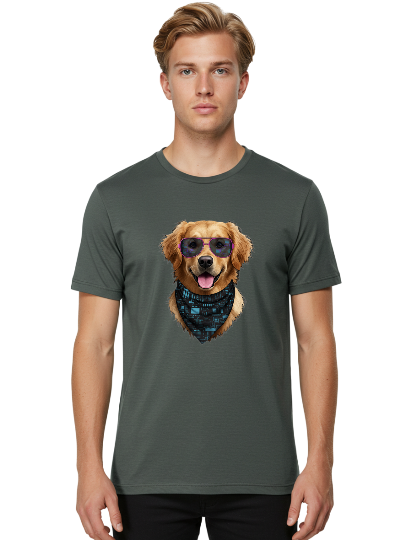 Golden-Retriever-Sunglasses Men'S Graphic Tee, 100% Cotton, Comfortable Casual Summer Wear, Machine Washable, Golden Retriever Dog, Trendy Sunglasses, Tech-Inspired Bandana, Streetwear Style, Cool Canine, Futuristic Fashion, Bab996