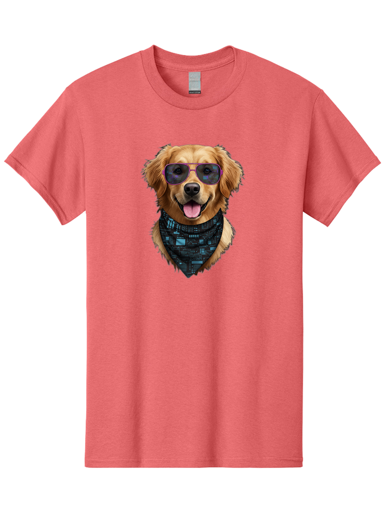 Golden-Retriever-Sunglasses Men'S Graphic Tee, 100% Cotton, Comfortable Casual Summer Wear, Machine Washable, Golden Retriever Dog, Trendy Sunglasses, Tech-Inspired Bandana, Streetwear Style, Cool Canine, Futuristic Fashion, Bab996