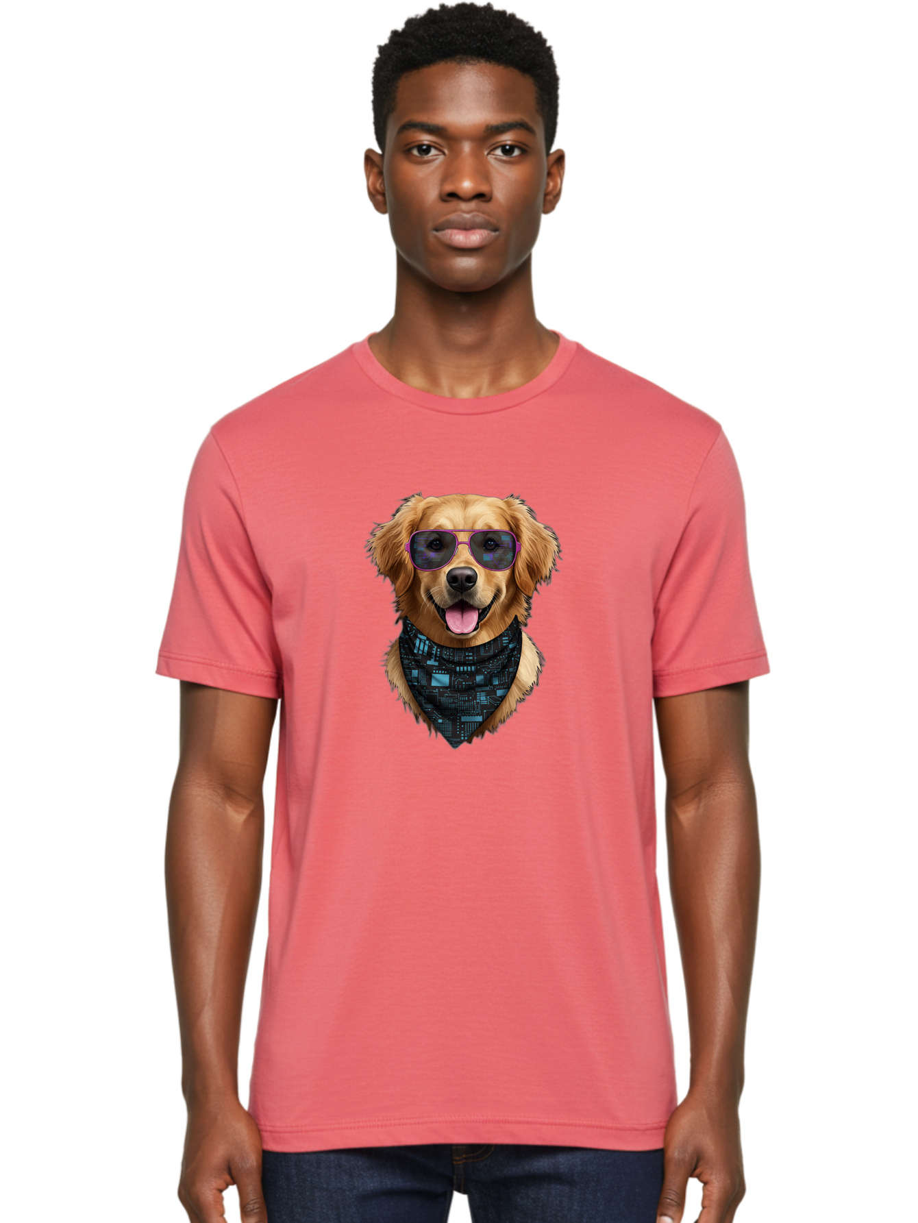 Golden-Retriever-Sunglasses Men'S Graphic Tee, 100% Cotton, Comfortable Casual Summer Wear, Machine Washable, Golden Retriever Dog, Trendy Sunglasses, Tech-Inspired Bandana, Streetwear Style, Cool Canine, Futuristic Fashion, Bab996