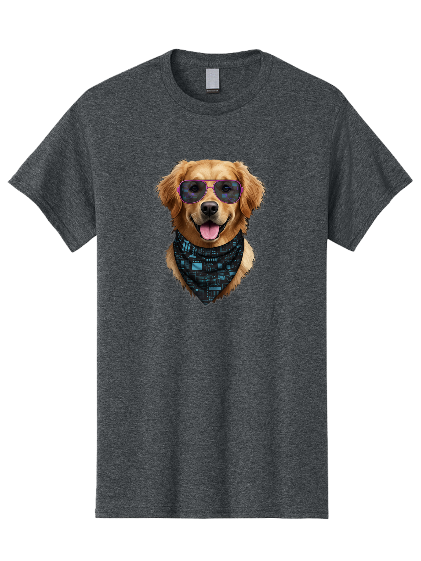 Golden-Retriever-Sunglasses Men'S Graphic Tee, 100% Cotton, Comfortable Casual Summer Wear, Machine Washable, Golden Retriever Dog, Trendy Sunglasses, Tech-Inspired Bandana, Streetwear Style, Cool Canine, Futuristic Fashion, Bab996