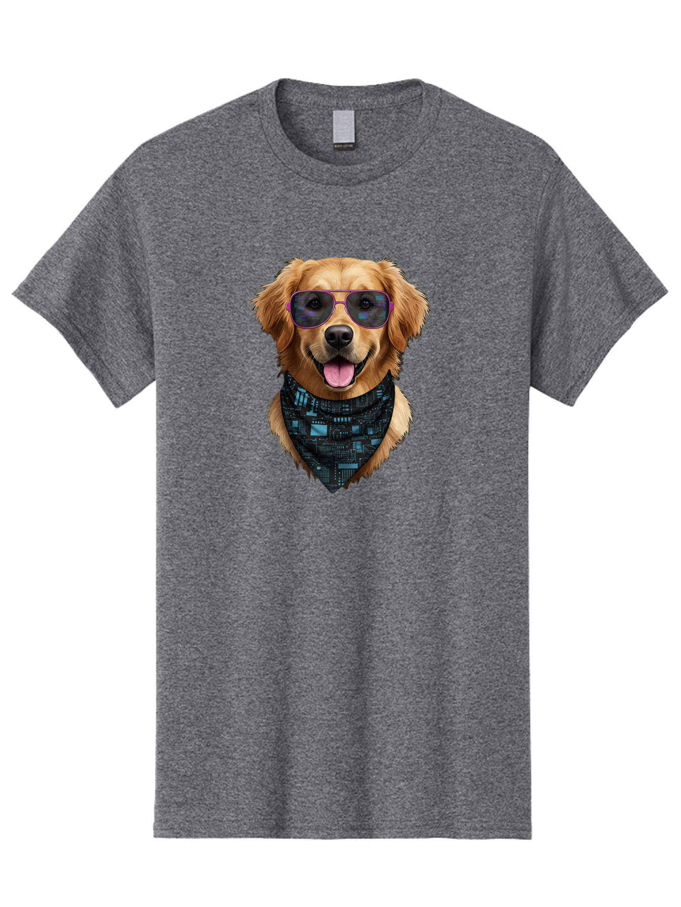 Golden-Retriever-Sunglasses Men'S Graphic Tee, 100% Cotton, Comfortable Casual Summer Wear, Machine Washable, Golden Retriever Dog, Trendy Sunglasses, Tech-Inspired Bandana, Streetwear Style, Cool Canine, Futuristic Fashion, Bab996