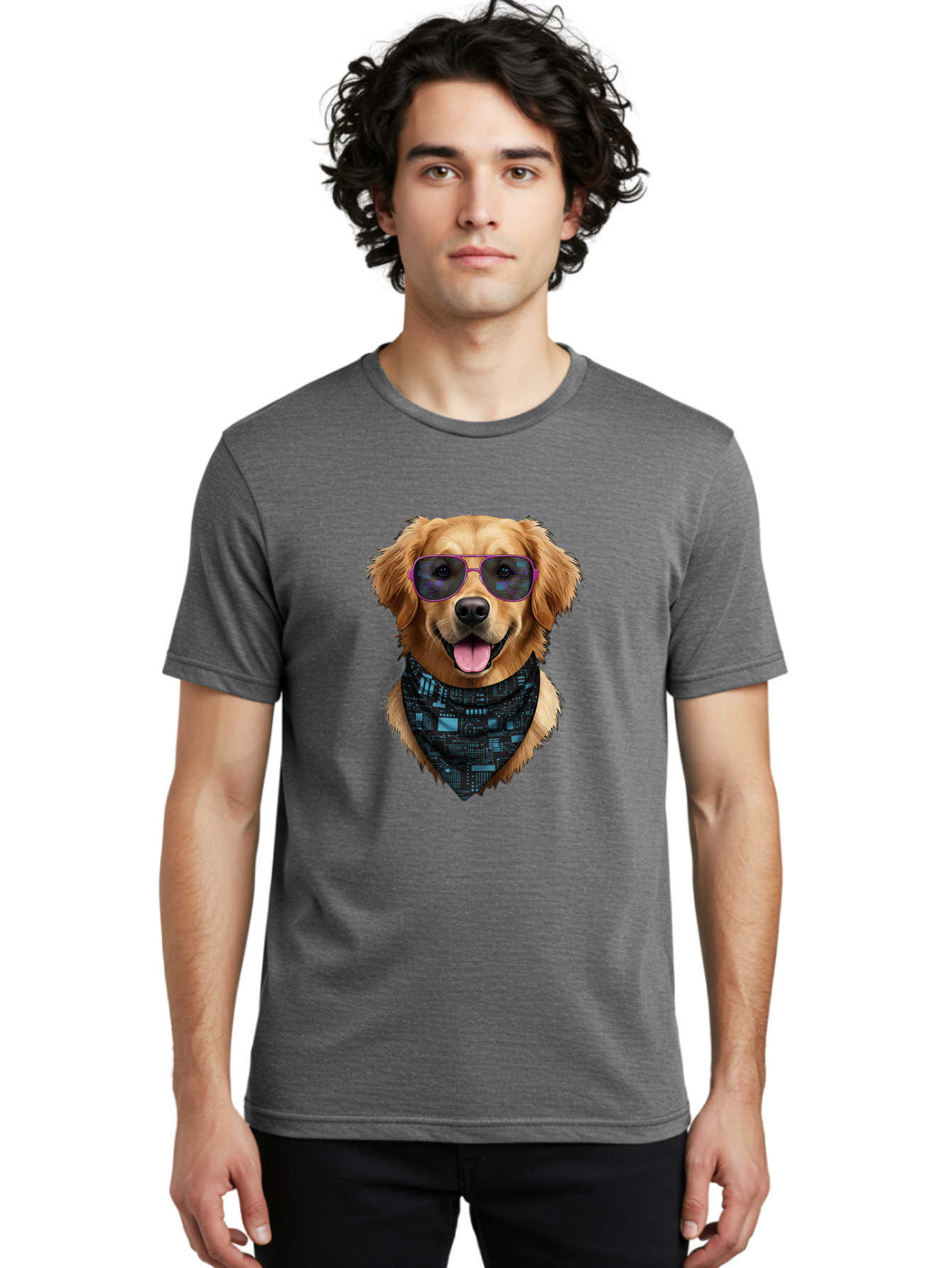 Golden-Retriever-Sunglasses Men'S Graphic Tee, 100% Cotton, Comfortable Casual Summer Wear, Machine Washable, Golden Retriever Dog, Trendy Sunglasses, Tech-Inspired Bandana, Streetwear Style, Cool Canine, Futuristic Fashion, Bab996