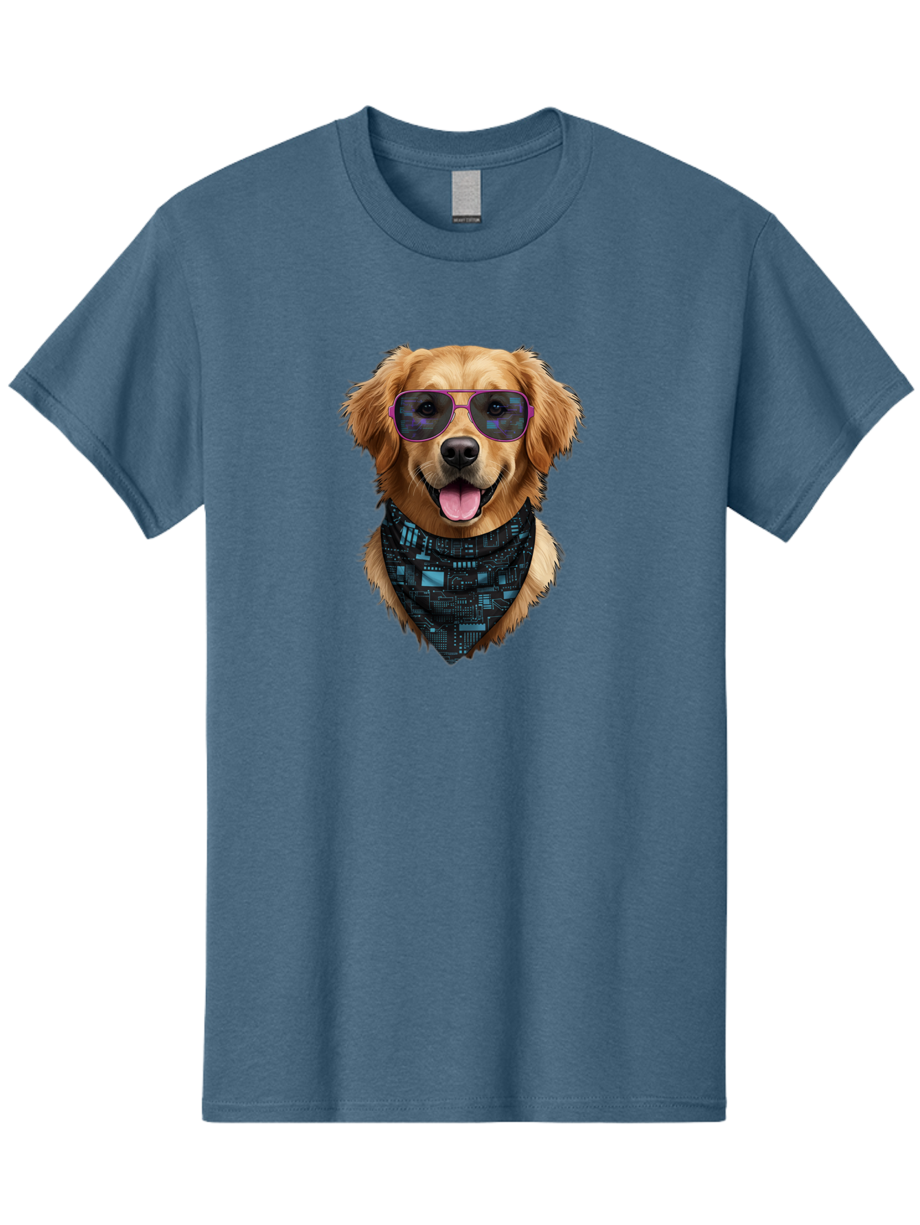 Golden-Retriever-Sunglasses Men'S Graphic Tee, 100% Cotton, Comfortable Casual Summer Wear, Machine Washable, Golden Retriever Dog, Trendy Sunglasses, Tech-Inspired Bandana, Streetwear Style, Cool Canine, Futuristic Fashion, Bab996
