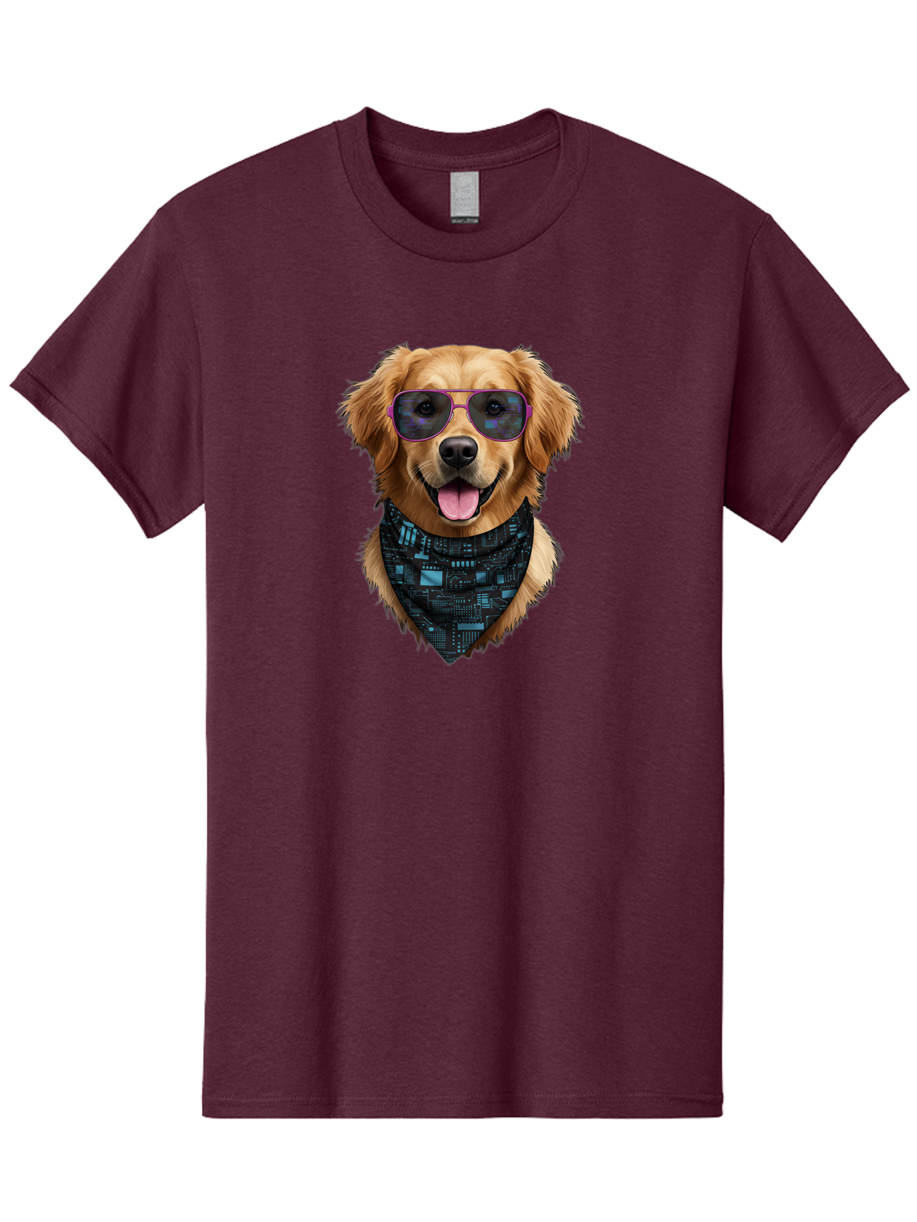 Golden-Retriever-Sunglasses Men'S Graphic Tee, 100% Cotton, Comfortable Casual Summer Wear, Machine Washable, Golden Retriever Dog, Trendy Sunglasses, Tech-Inspired Bandana, Streetwear Style, Cool Canine, Futuristic Fashion, Bab996