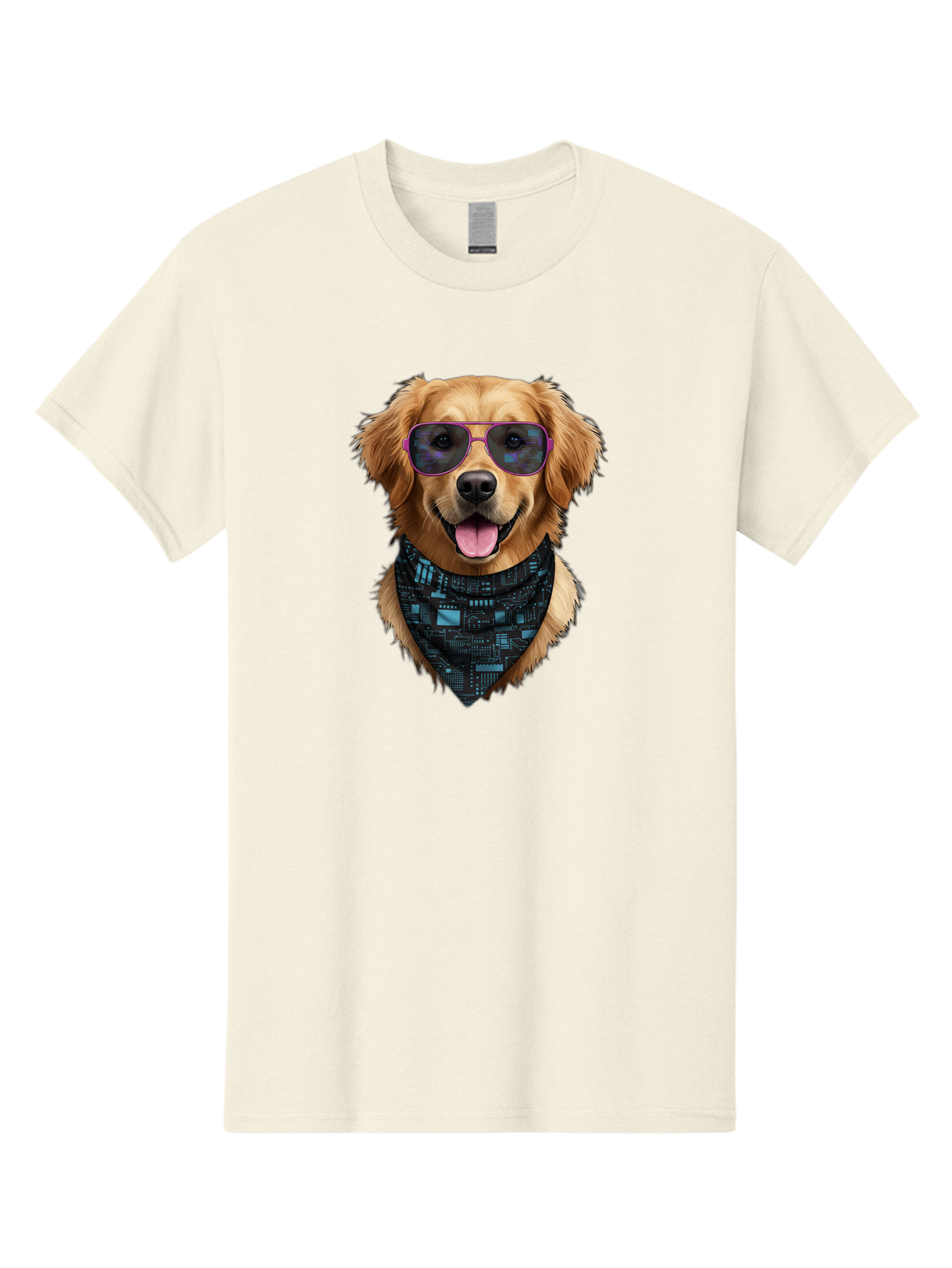 Golden-Retriever-Sunglasses Men'S Graphic Tee, 100% Cotton, Comfortable Casual Summer Wear, Machine Washable, Golden Retriever Dog, Trendy Sunglasses, Tech-Inspired Bandana, Streetwear Style, Cool Canine, Futuristic Fashion, Bab996