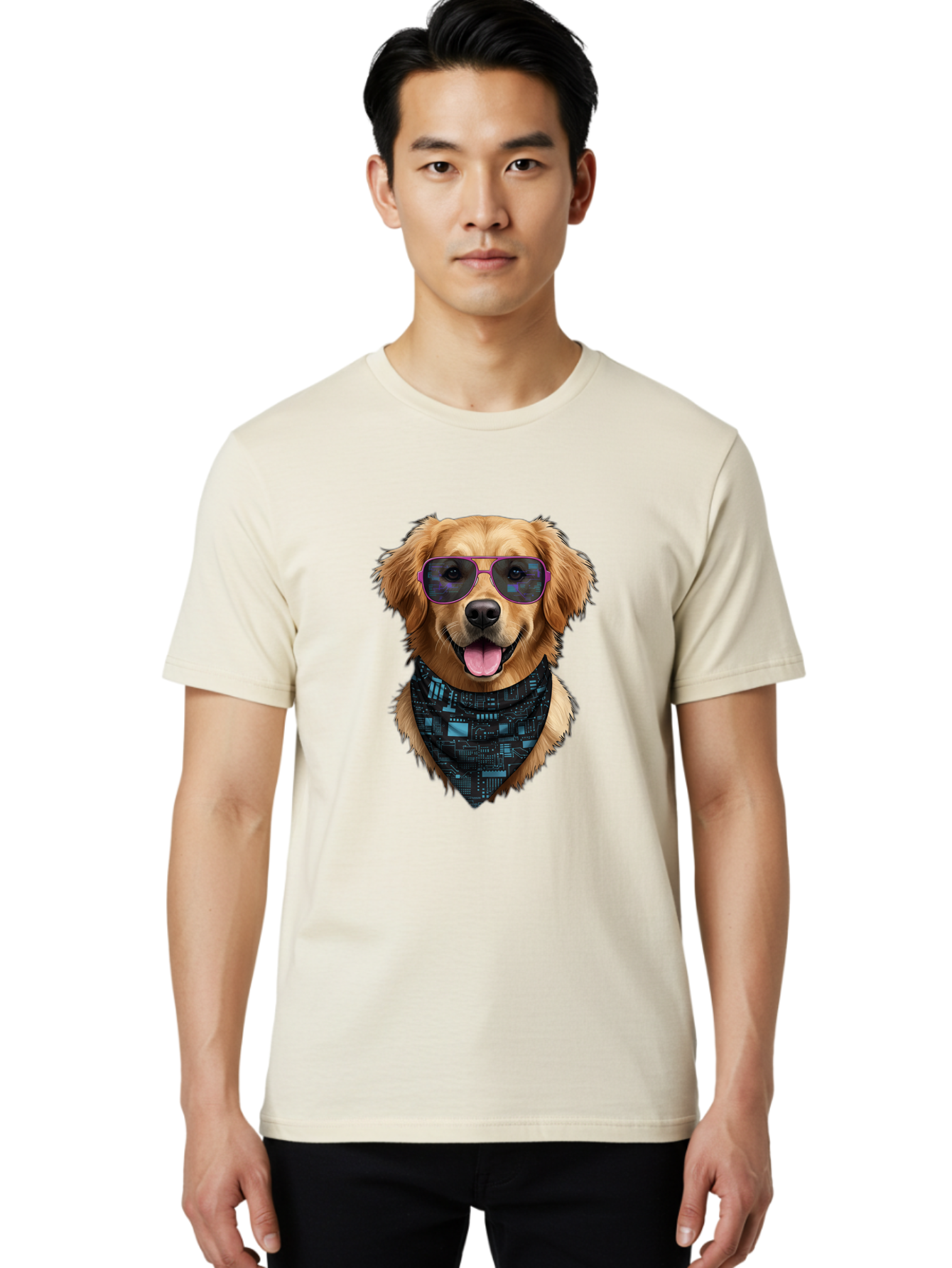 Golden-Retriever-Sunglasses Men'S Graphic Tee, 100% Cotton, Comfortable Casual Summer Wear, Machine Washable, Golden Retriever Dog, Trendy Sunglasses, Tech-Inspired Bandana, Streetwear Style, Cool Canine, Futuristic Fashion, Bab996