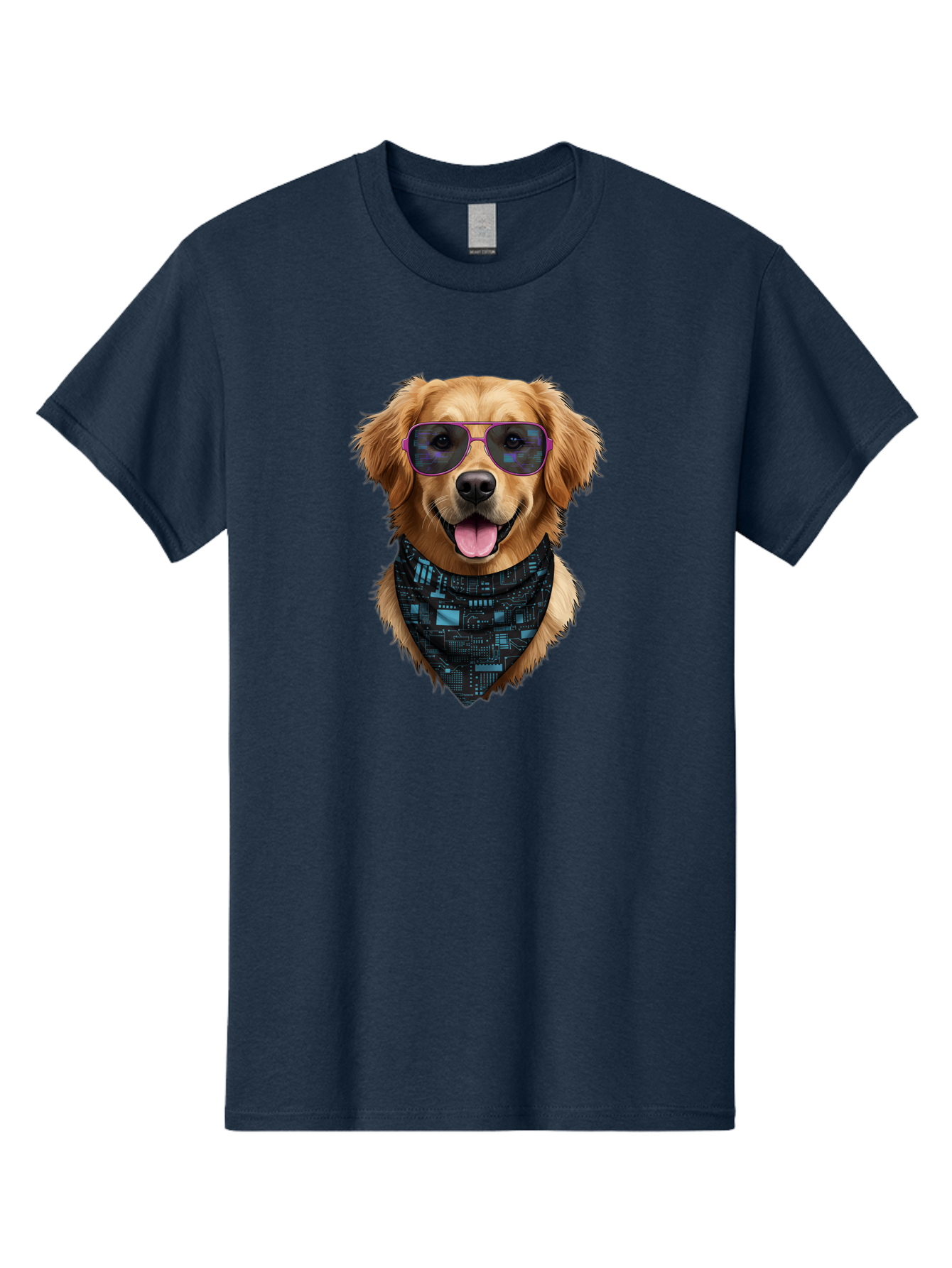 Golden-Retriever-Sunglasses Men'S Graphic Tee, 100% Cotton, Comfortable Casual Summer Wear, Machine Washable, Golden Retriever Dog, Trendy Sunglasses, Tech-Inspired Bandana, Streetwear Style, Cool Canine, Futuristic Fashion, Bab996