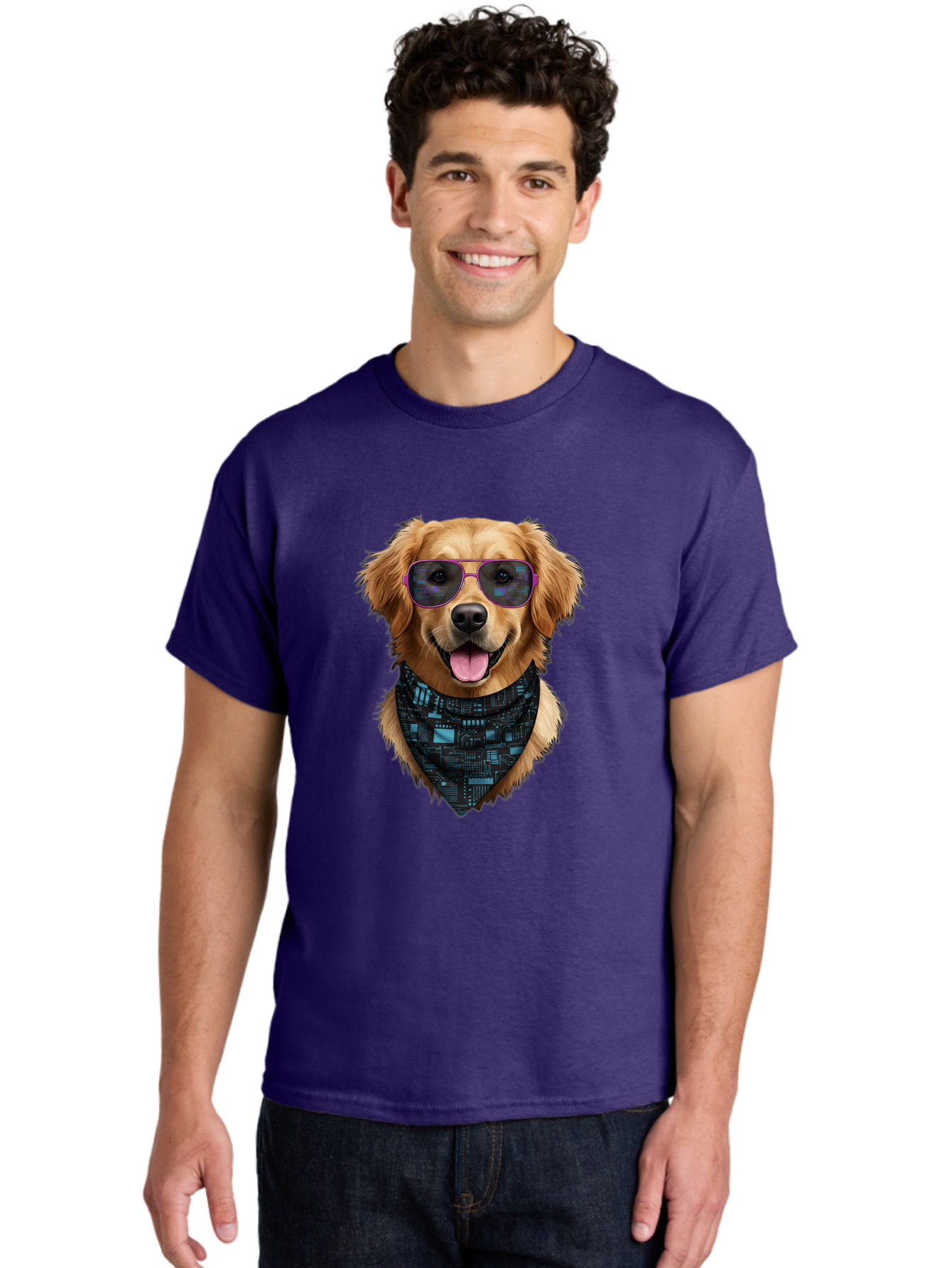 Golden-Retriever-Sunglasses Men'S Graphic Tee, 100% Cotton, Comfortable Casual Summer Wear, Machine Washable, Golden Retriever Dog, Trendy Sunglasses, Tech-Inspired Bandana, Streetwear Style, Cool Canine, Futuristic Fashion, Bab996