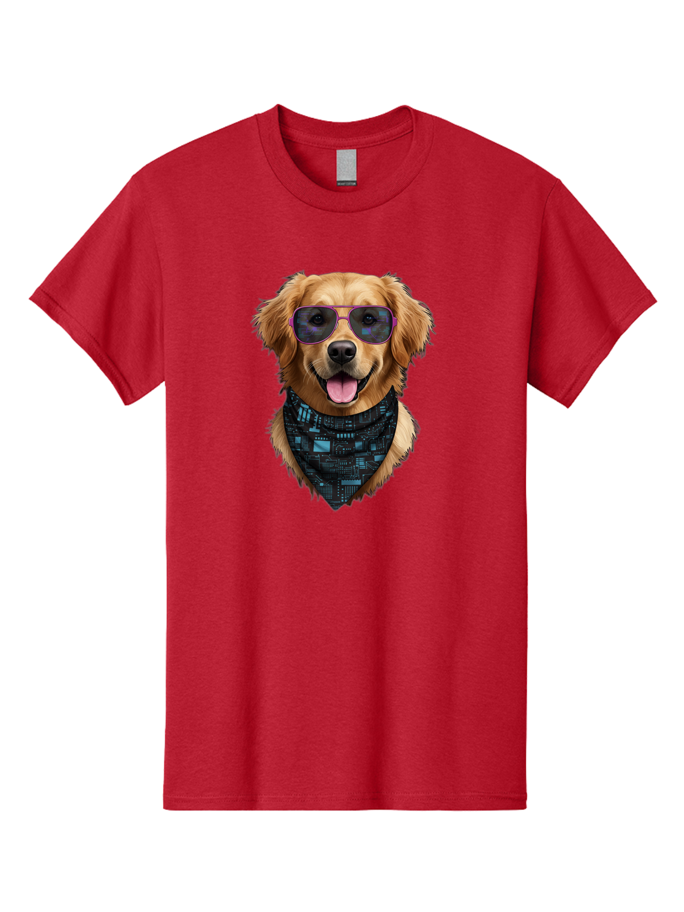 Golden-Retriever-Sunglasses Men'S Graphic Tee, 100% Cotton, Comfortable Casual Summer Wear, Machine Washable, Golden Retriever Dog, Trendy Sunglasses, Tech-Inspired Bandana, Streetwear Style, Cool Canine, Futuristic Fashion, Bab996