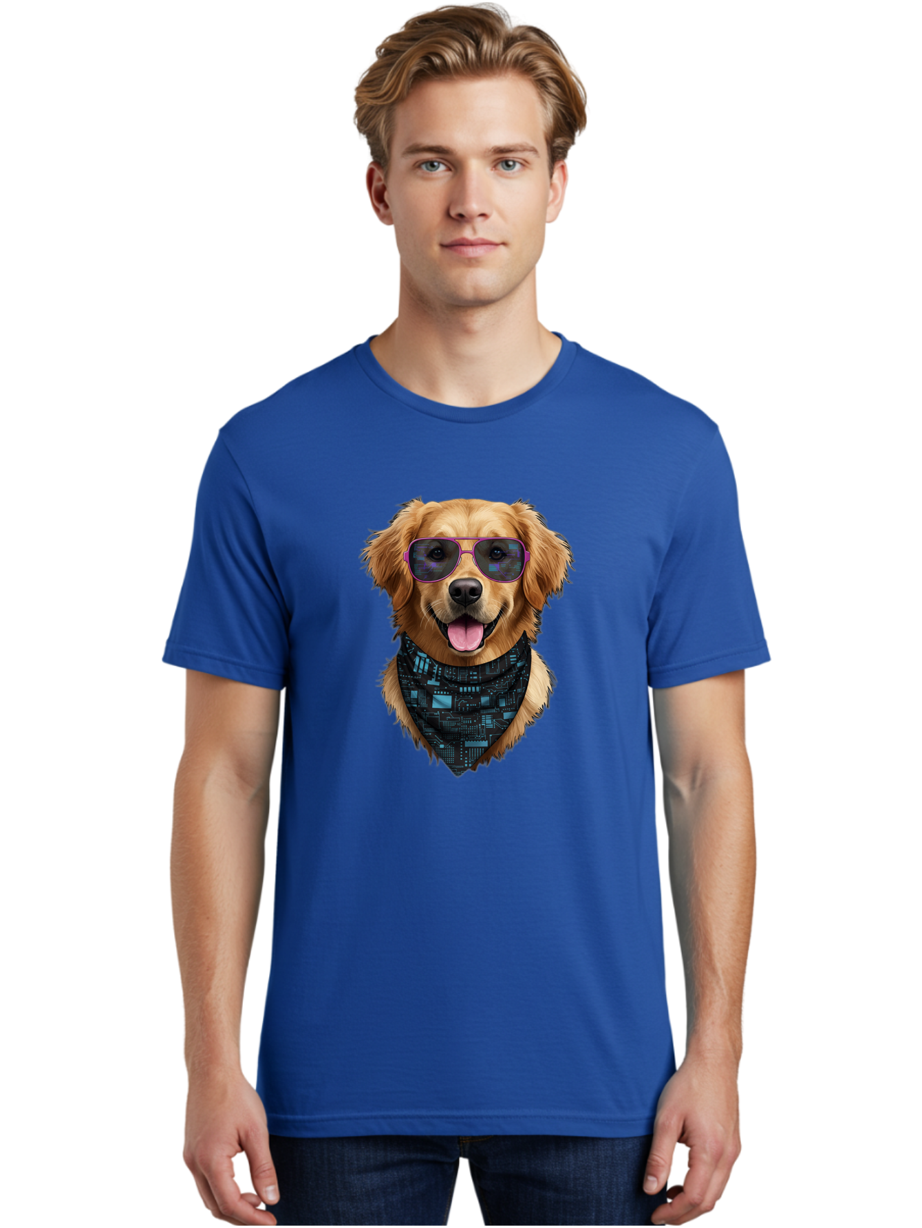 Golden-Retriever-Sunglasses Men'S Graphic Tee, 100% Cotton, Comfortable Casual Summer Wear, Machine Washable, Golden Retriever Dog, Trendy Sunglasses, Tech-Inspired Bandana, Streetwear Style, Cool Canine, Futuristic Fashion, Bab996